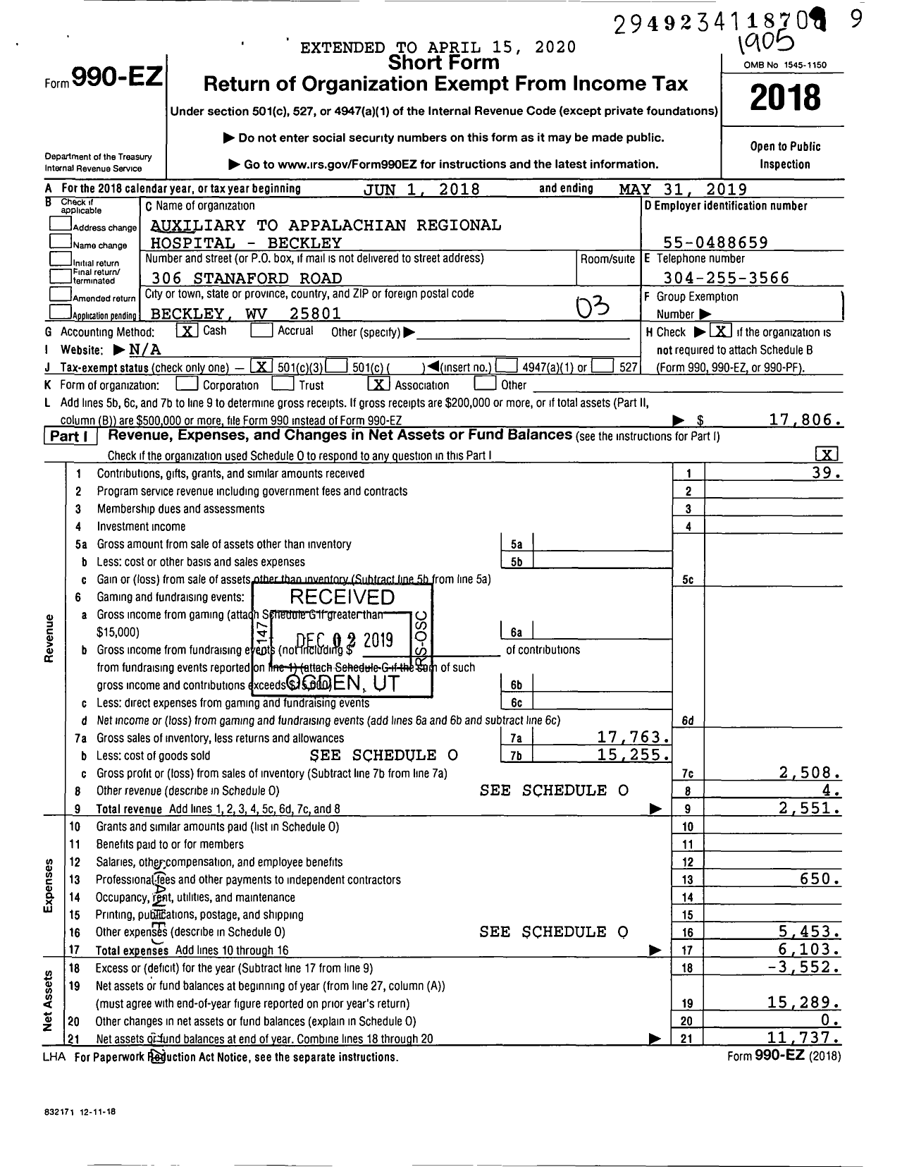 Image of first page of 2018 Form 990EZ for Auxiliary To the Appalachian Regional Hospital-Beckley