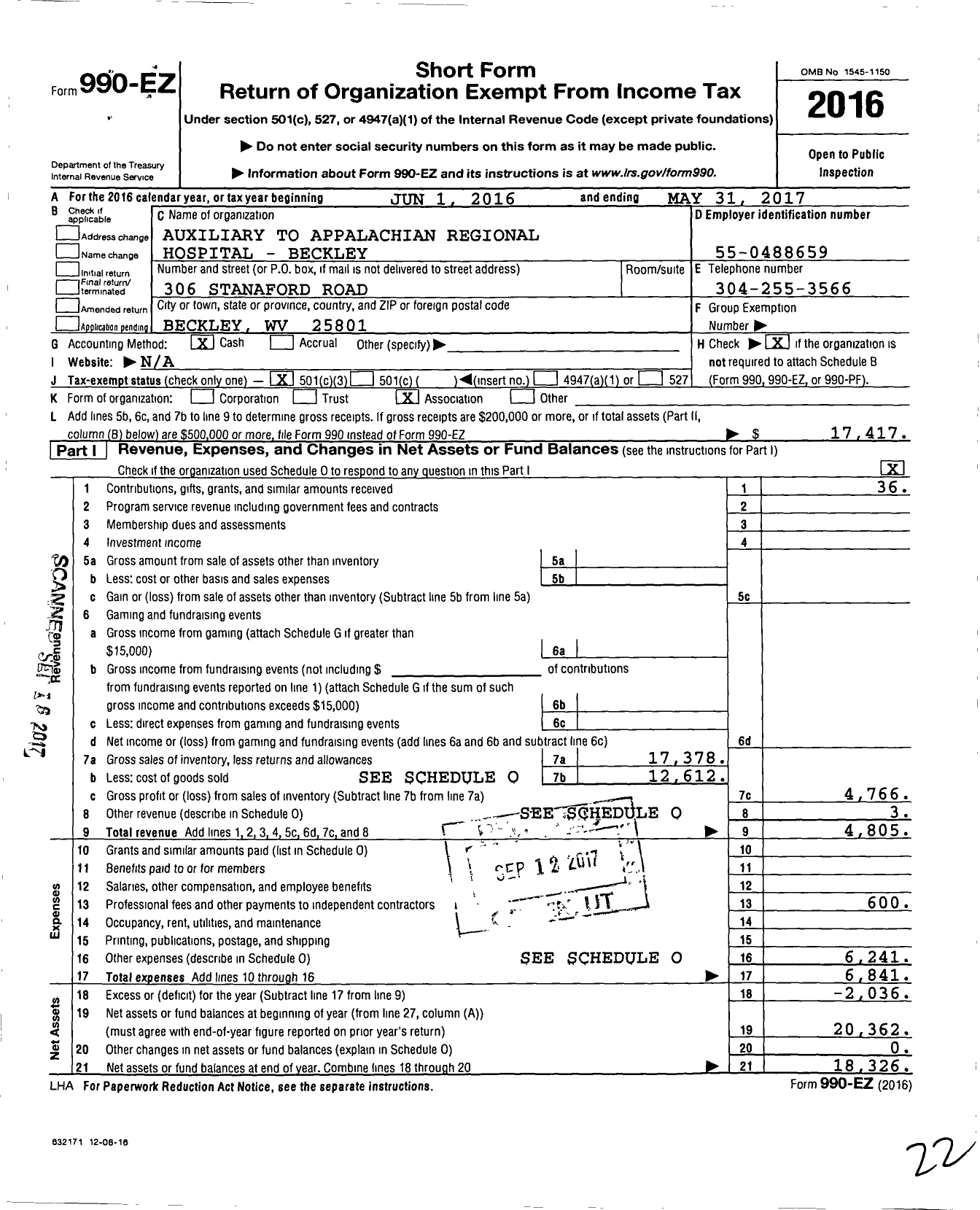 Image of first page of 2016 Form 990EZ for Auxiliary To the Appalachian Regional Hospital-Beckley