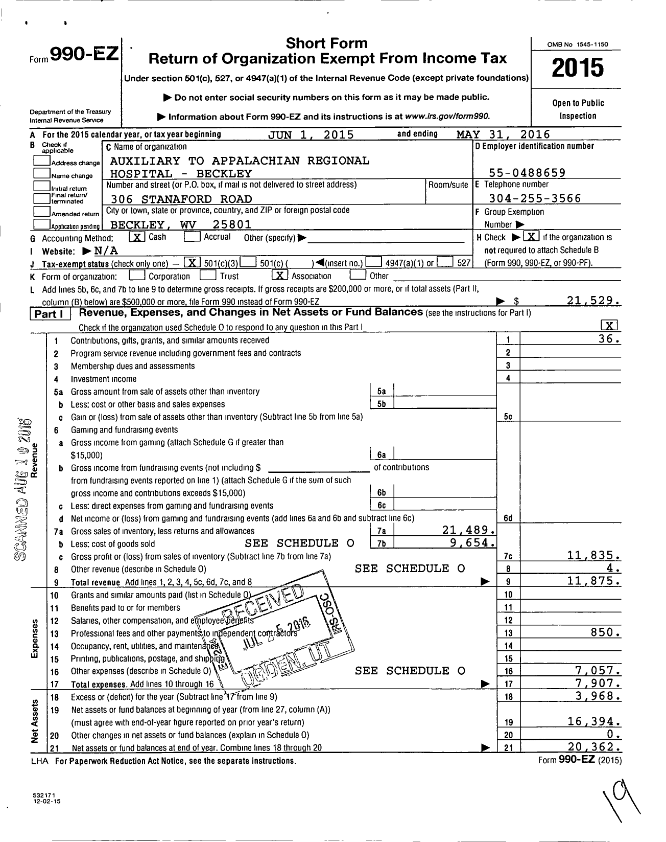 Image of first page of 2015 Form 990EZ for Auxiliary To the Appalachian Regional Hospital-Beckley