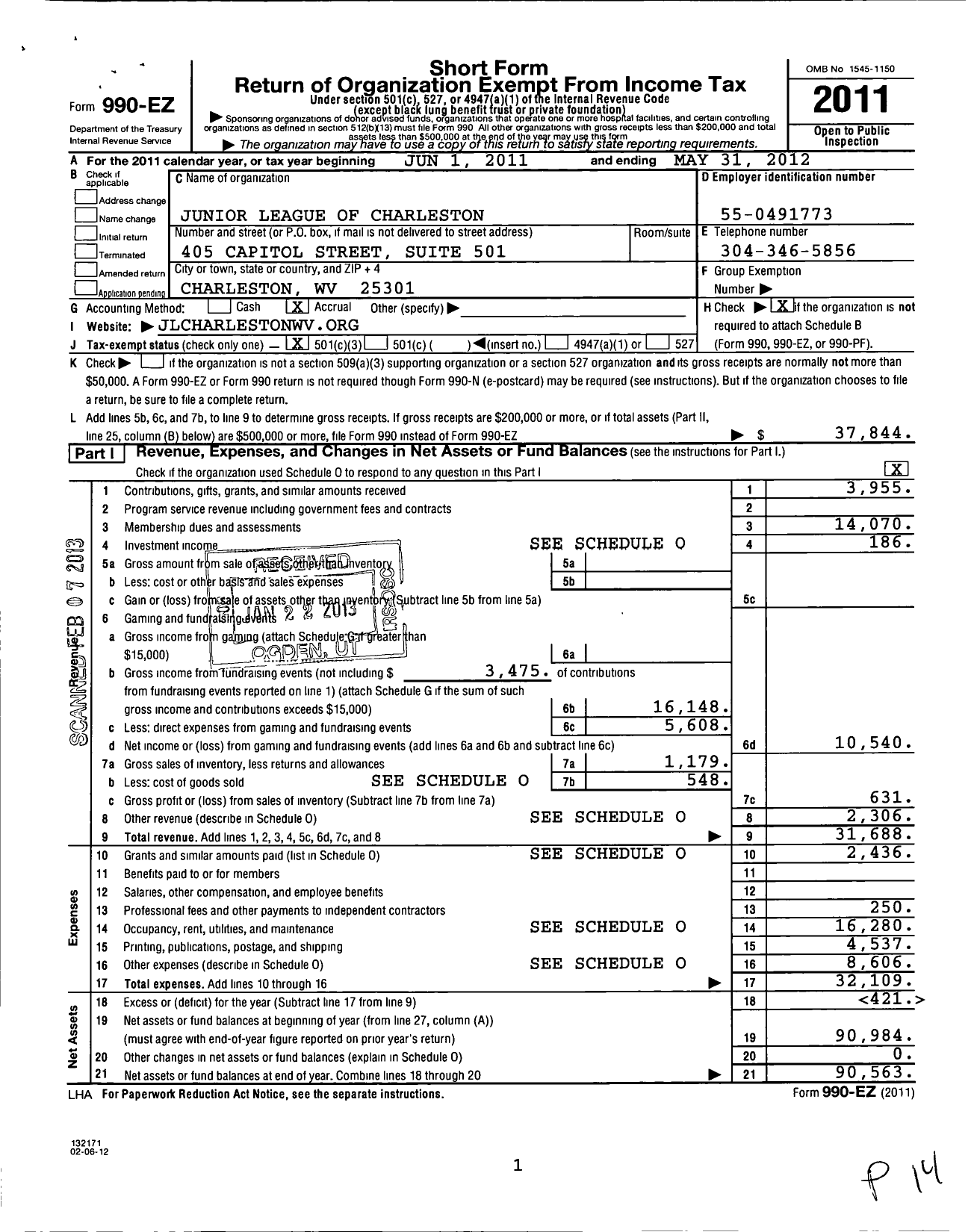 Image of first page of 2011 Form 990EZ for Junior League of Charleston