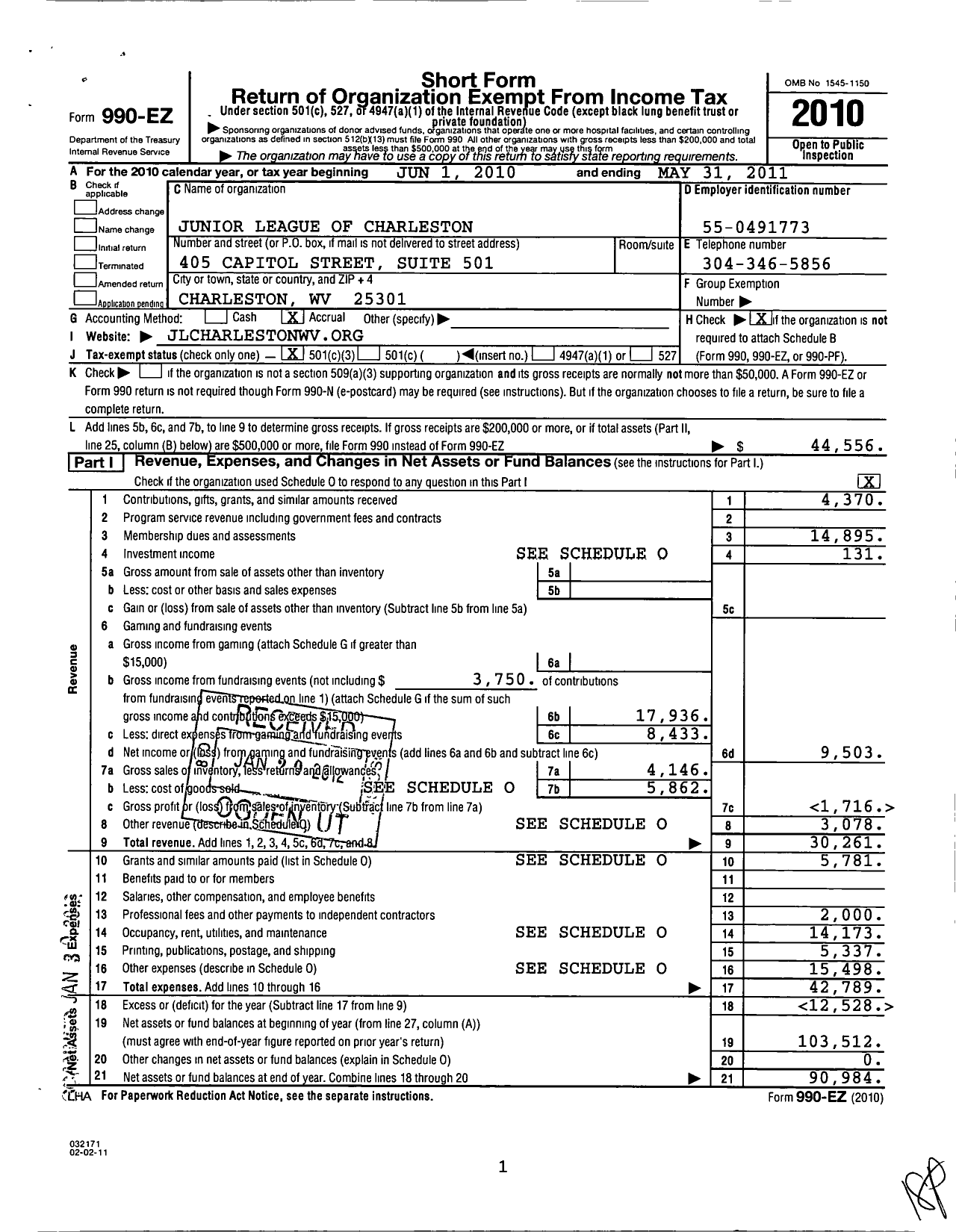 Image of first page of 2010 Form 990EZ for Junior League of Charleston