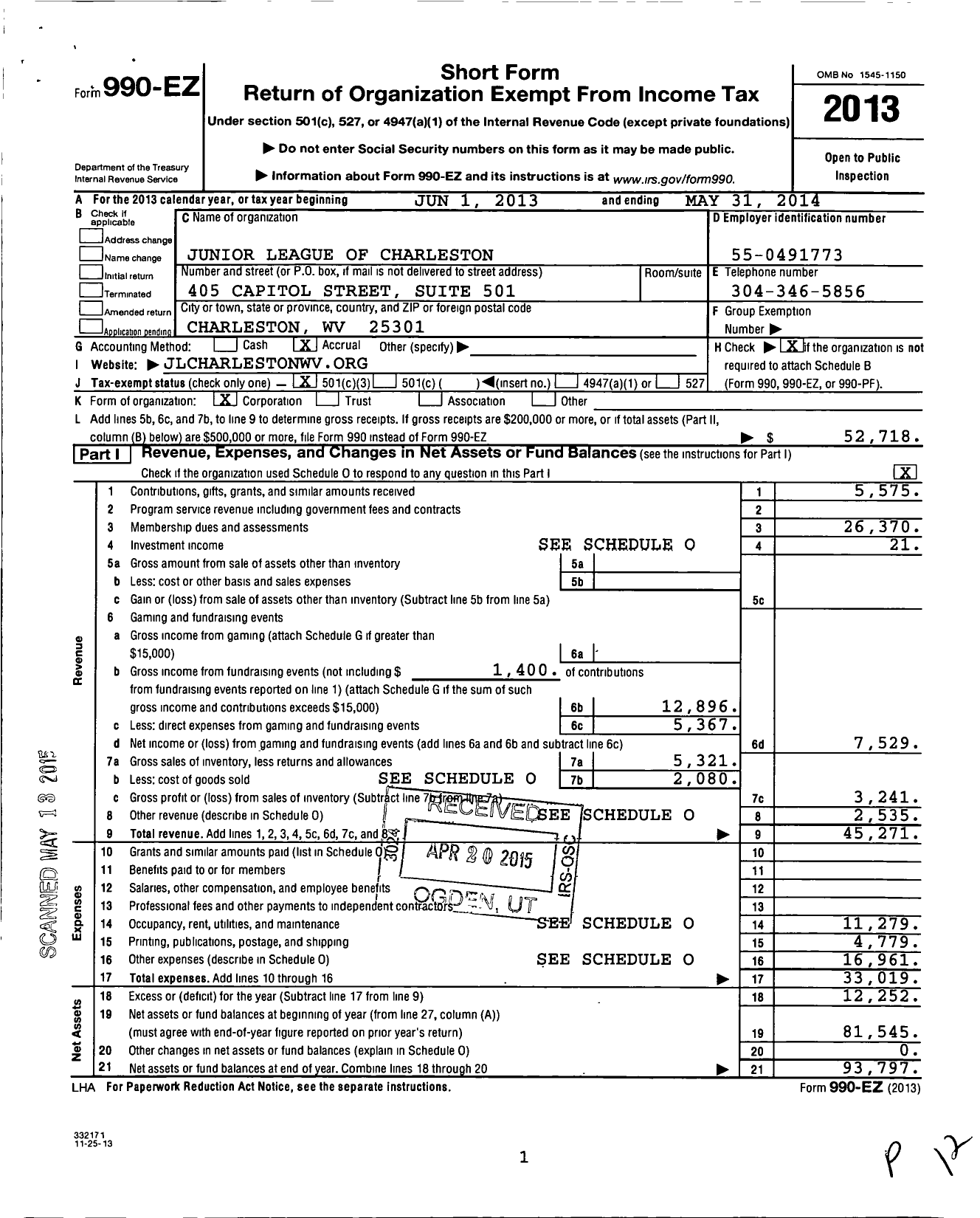 Image of first page of 2013 Form 990EZ for Junior League of Charleston