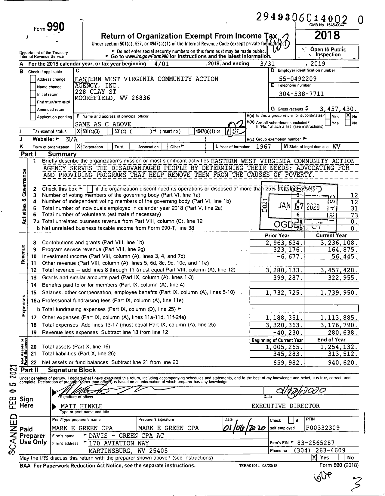 Image of first page of 2018 Form 990 for Eastern West Virginia Community Action Agency