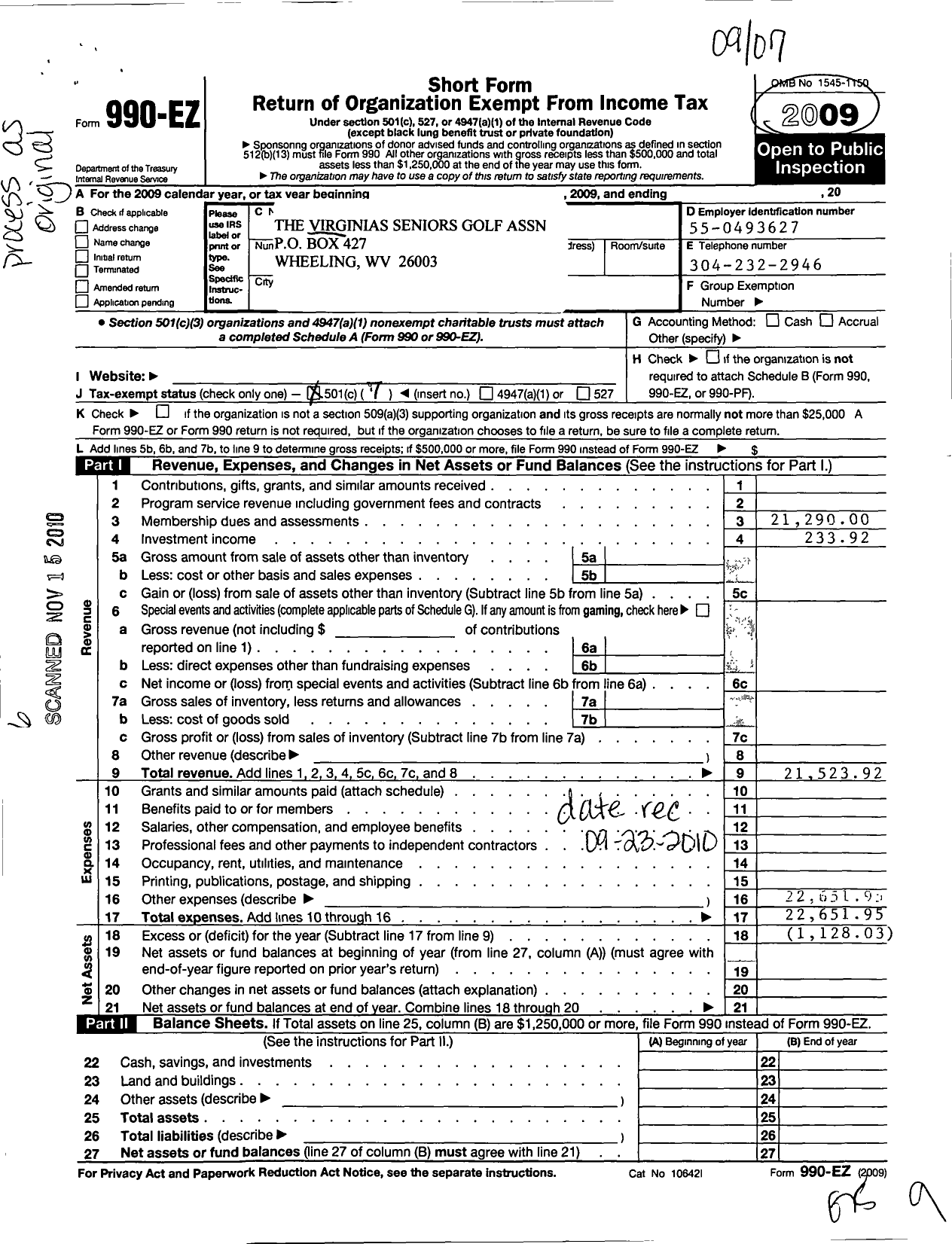 Image of first page of 2009 Form 990EO for Virginias Senior Golf Association