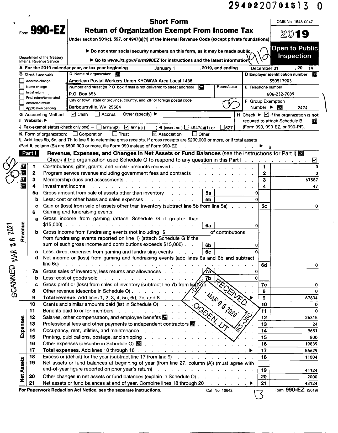 Image of first page of 2019 Form 990EO for American Postal Workers Union - 1488 Kvowva Area Local