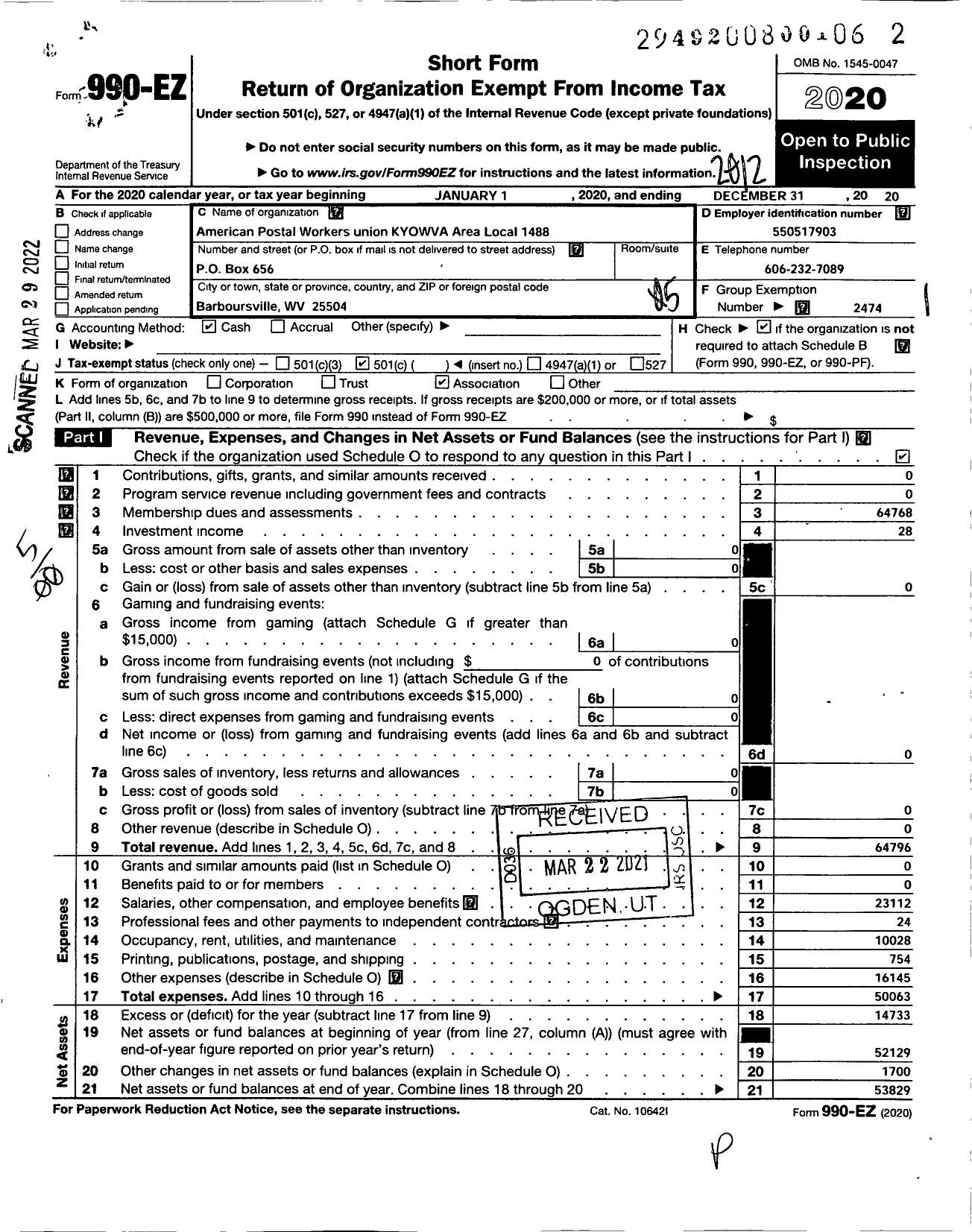 Image of first page of 2020 Form 990EO for American Postal Workers Union - 1488 Kvowva Area Local