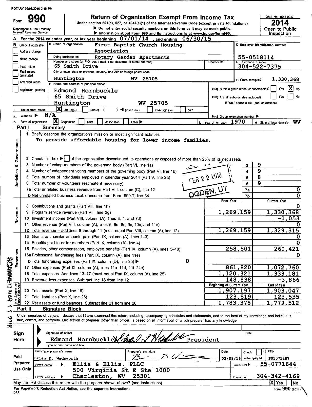 Image of first page of 2014 Form 990 for Rotary Garden Apartments