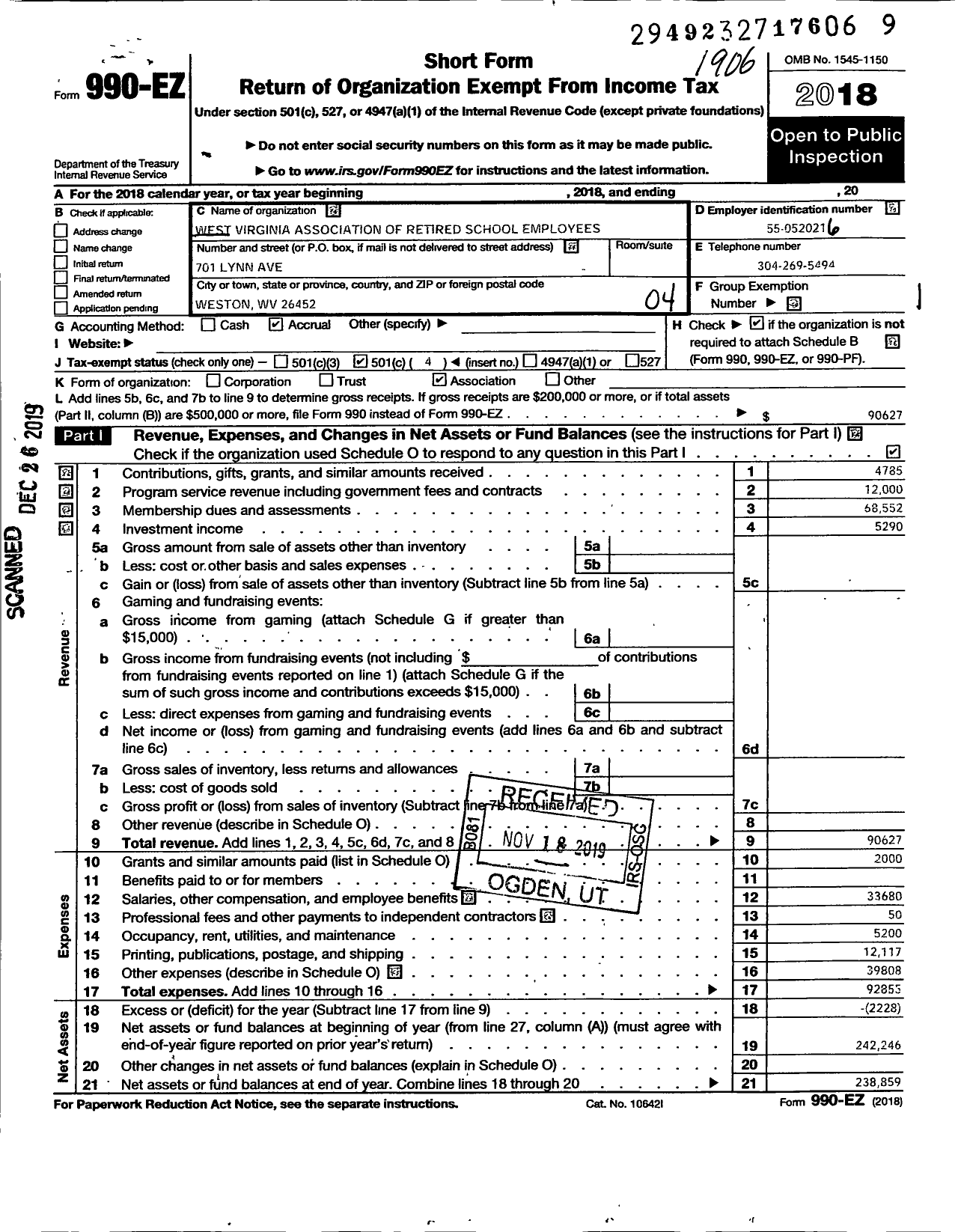 Image of first page of 2018 Form 990EO for West Virginia Association of Retired School Employees