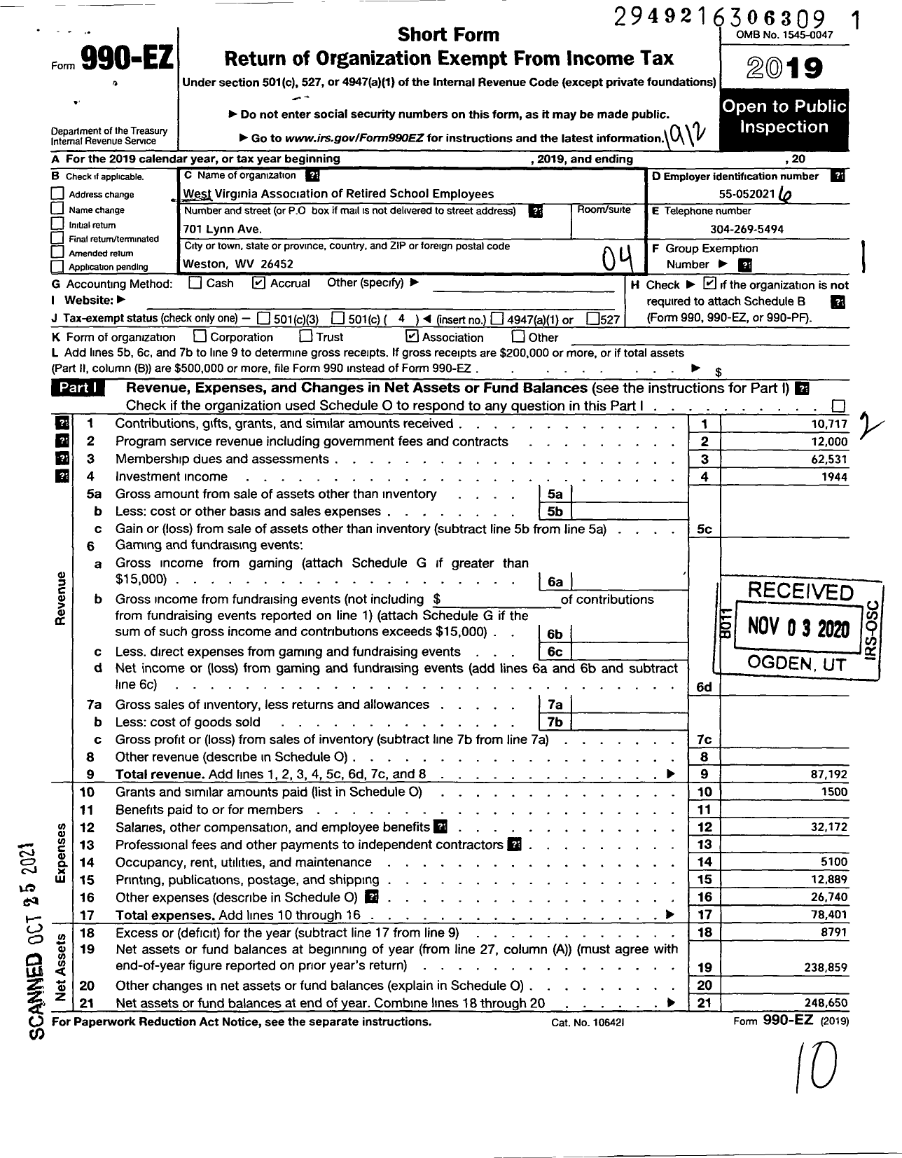 Image of first page of 2019 Form 990EO for West Virginia Association of Retired School Employees