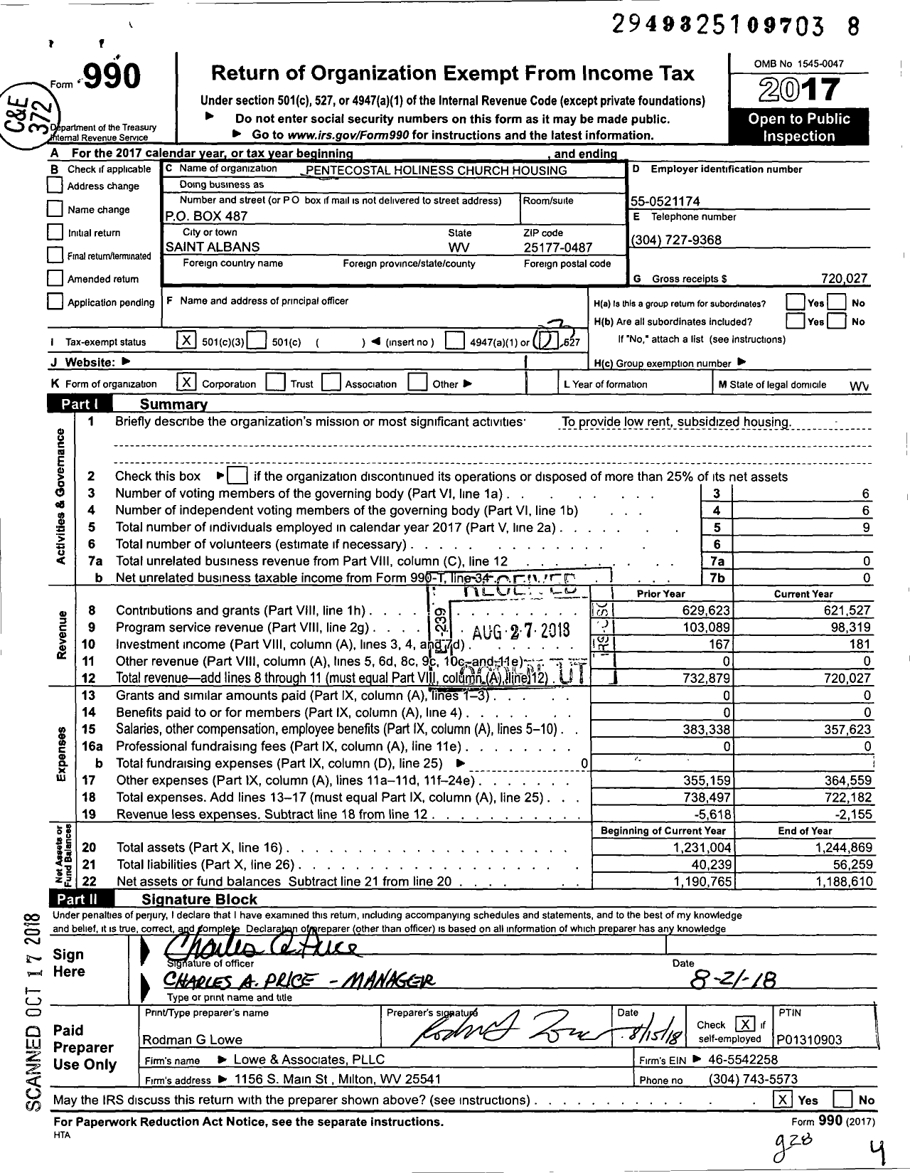 Image of first page of 2017 Form 990 for Pentecostal Holiness Church Housing