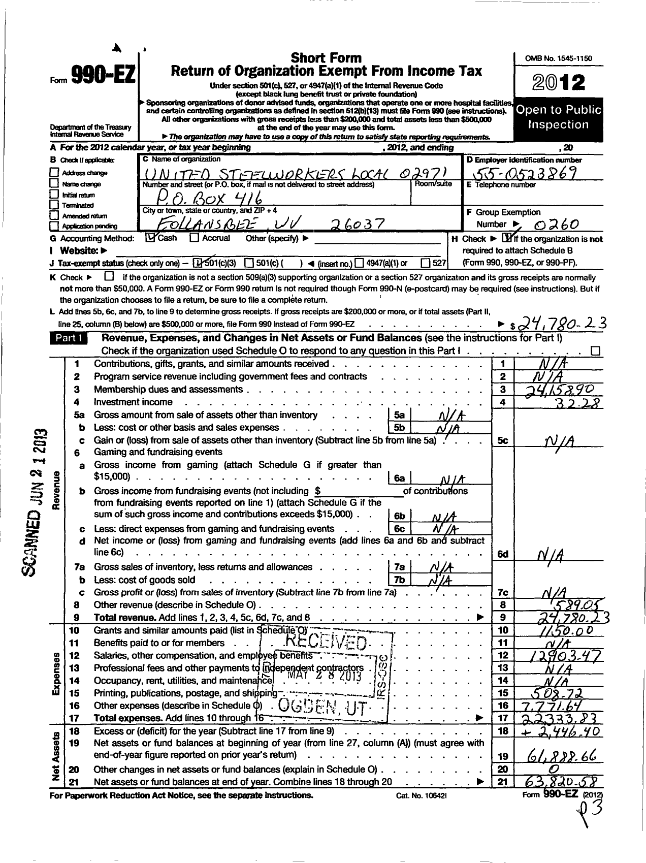 Image of first page of 2012 Form 990EZ for USW Local Union 2971