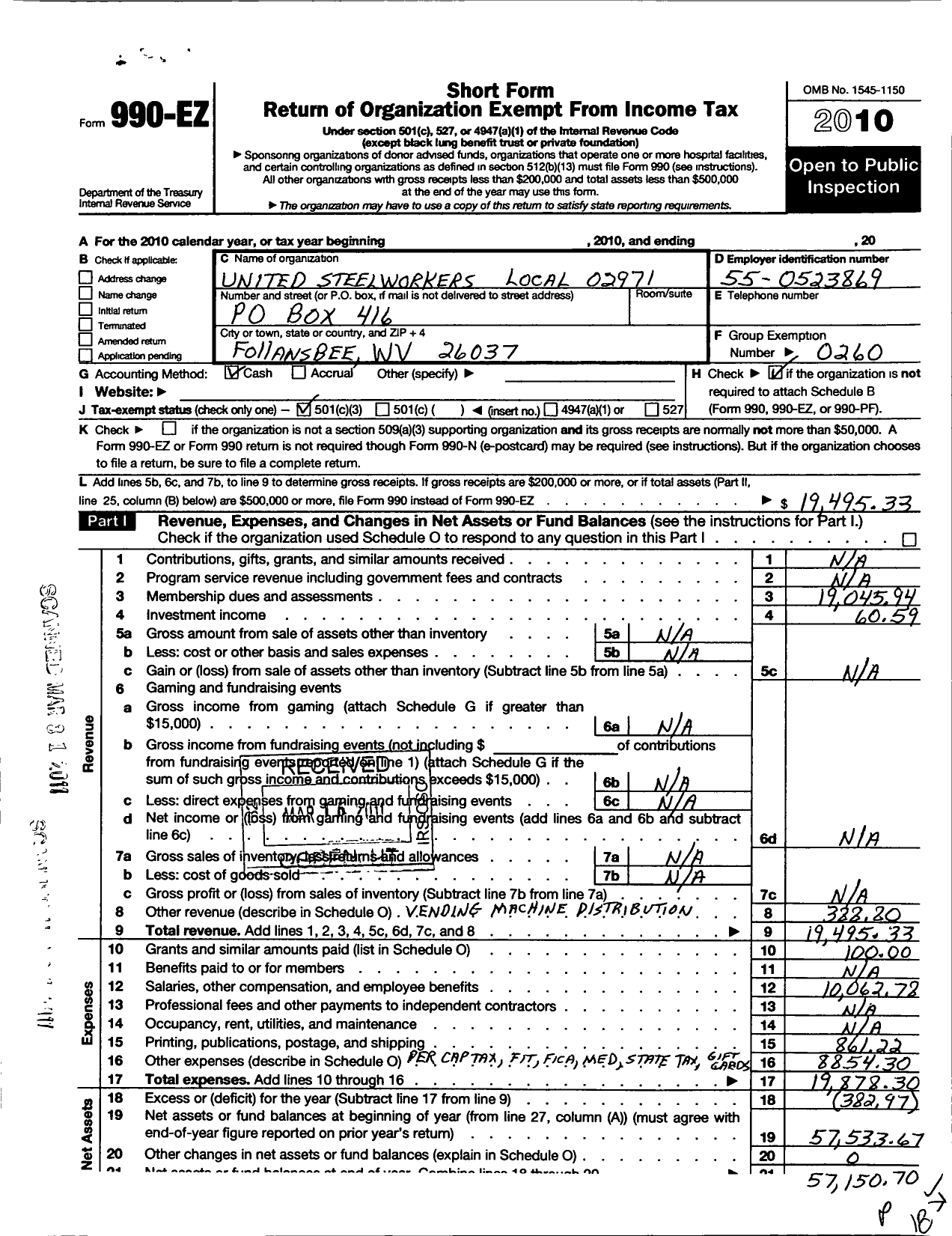 Image of first page of 2010 Form 990EZ for USW Local Union 2971