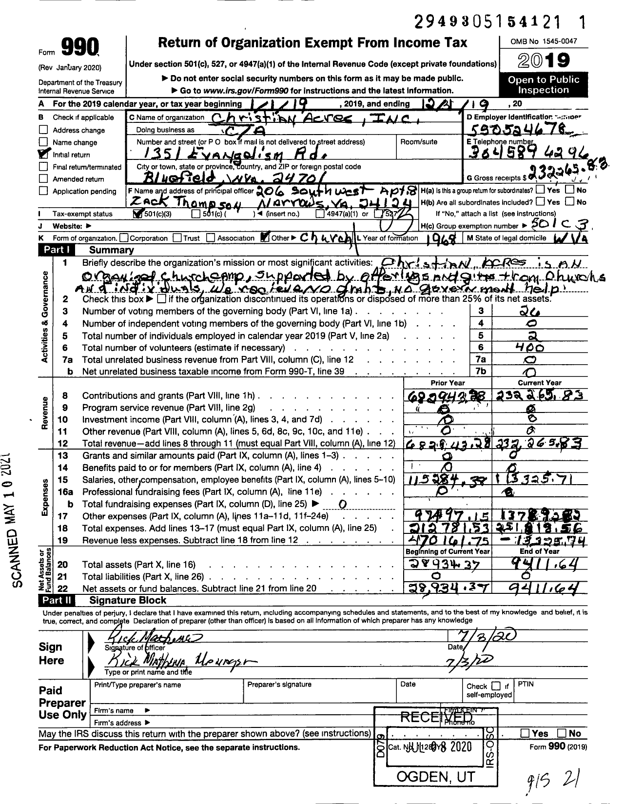 Image of first page of 2019 Form 990 for Christian Acres (C A)