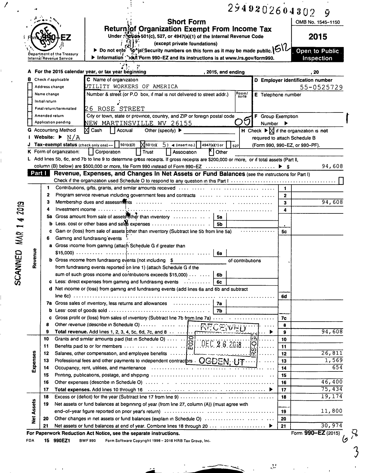 Image of first page of 2015 Form 990EO for Utility Workers Union of America - 492 Uwua