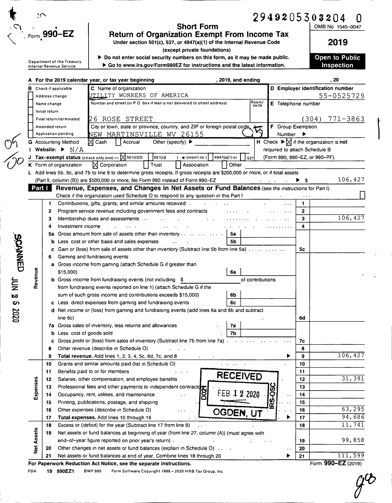 Image of first page of 2019 Form 990EO for Utility Workers Union of America - 492 Uwua