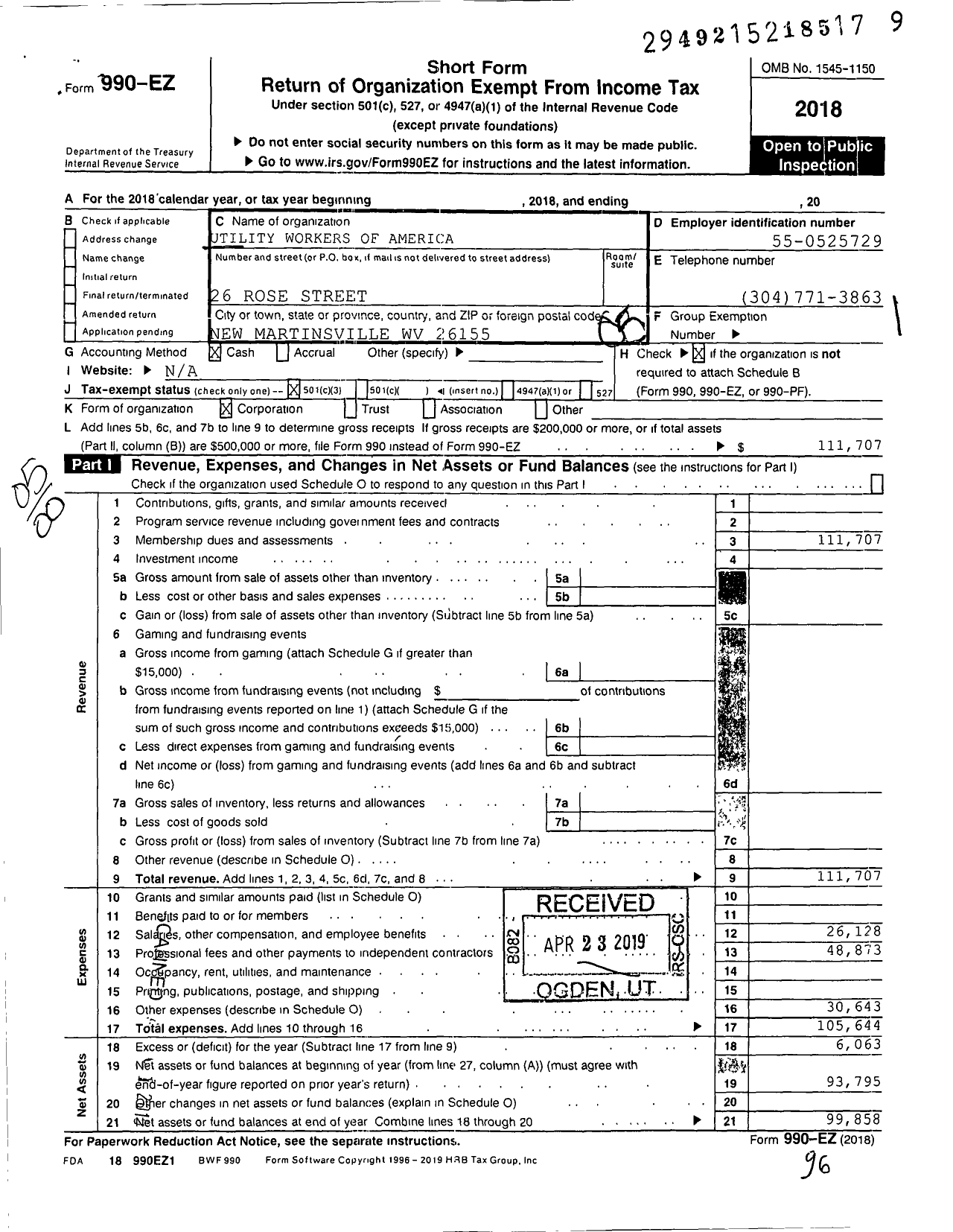 Image of first page of 2018 Form 990EZ for Utility Workers Union of America - 492 Uwua