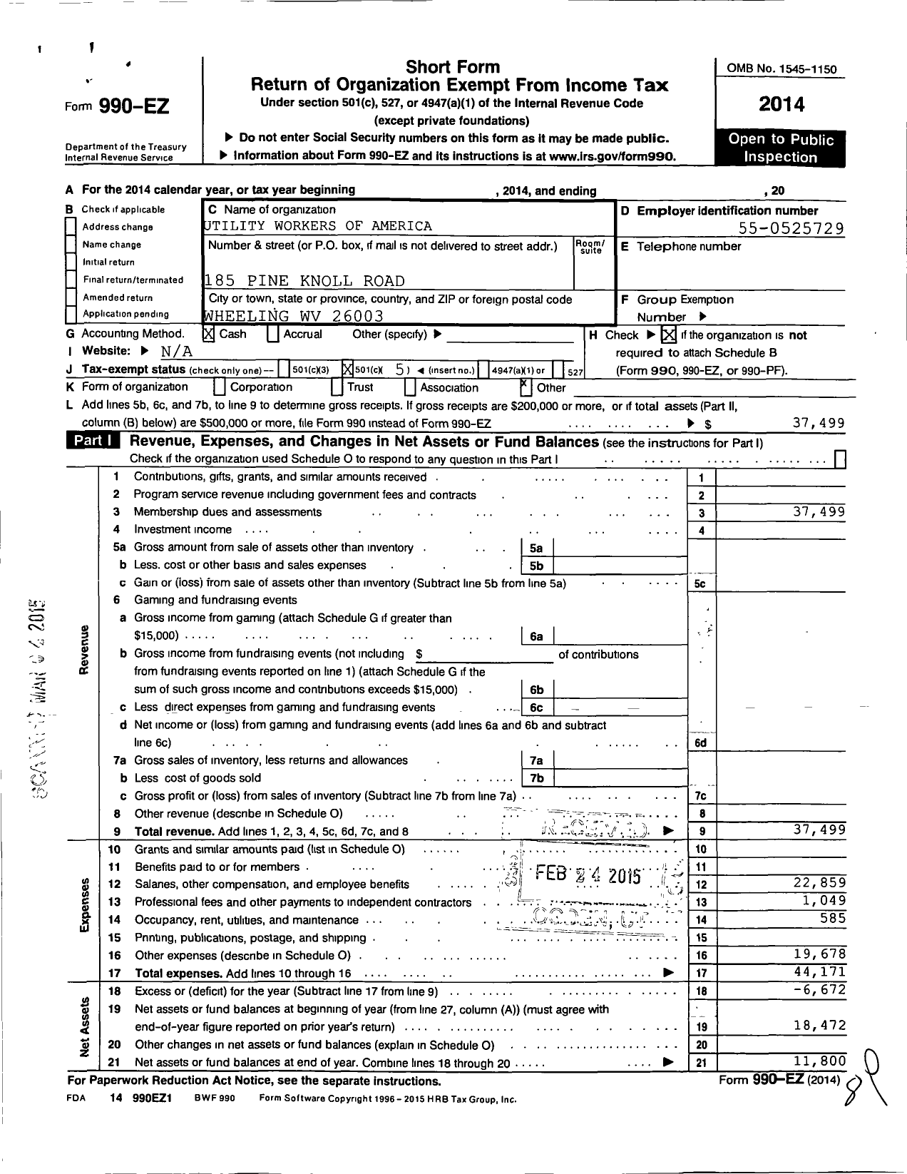 Image of first page of 2014 Form 990EO for Utility Workers Union of America - 492 Uwua