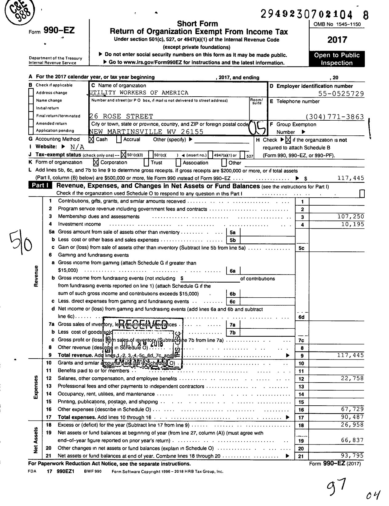 Image of first page of 2017 Form 990EO for Utility Workers Union of America - 492 Uwua