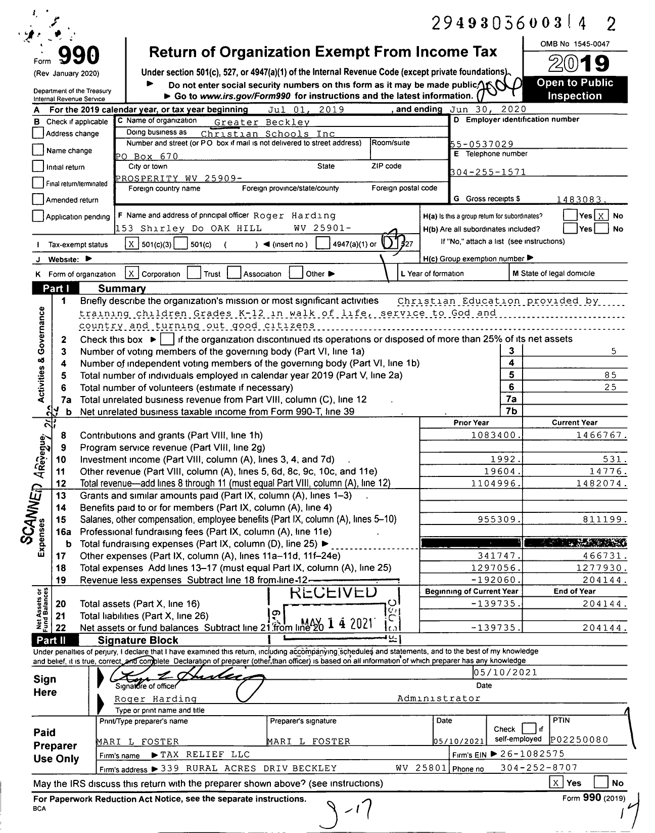 Image of first page of 2019 Form 990 for Greater Beckley Christian Schools