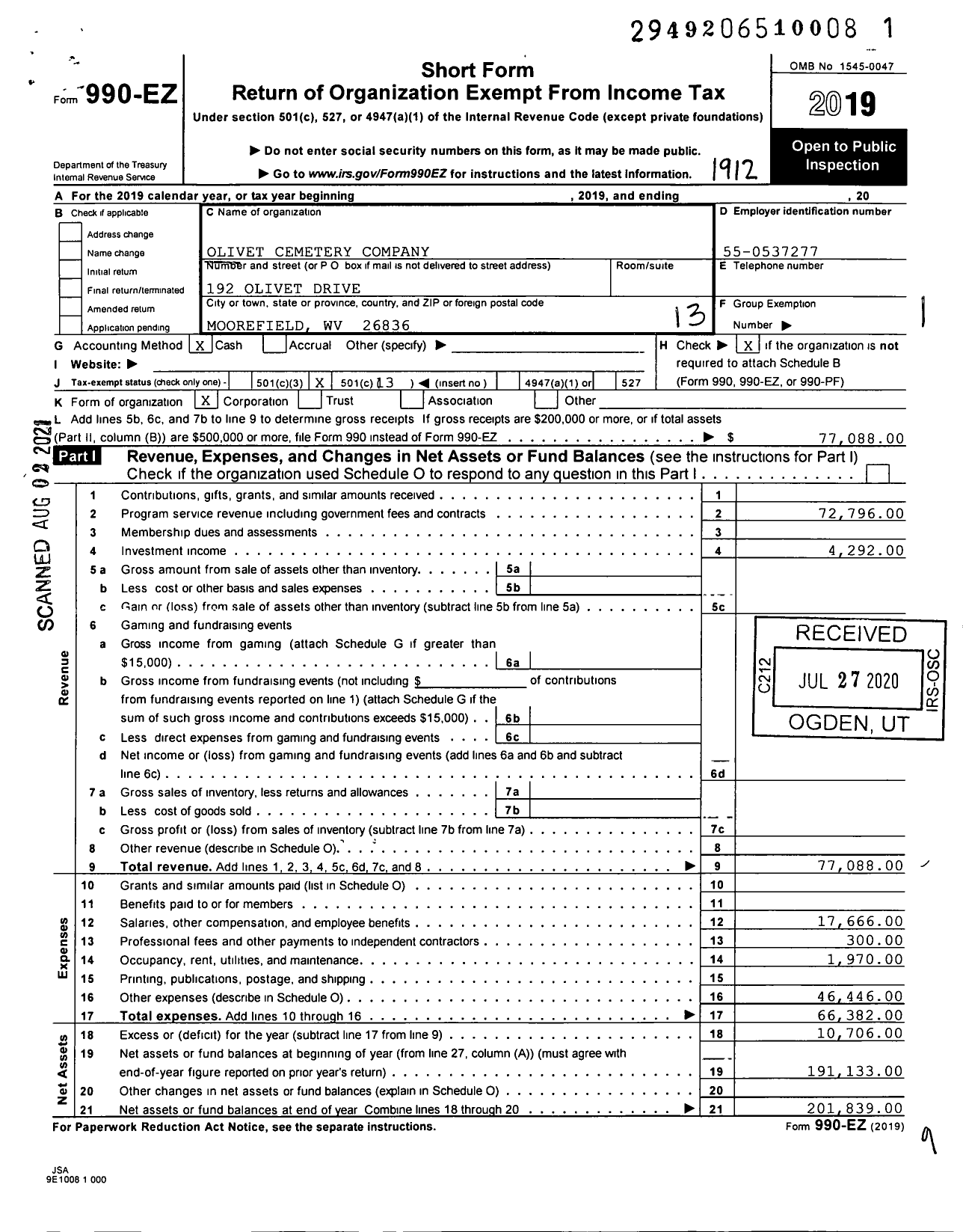 Image of first page of 2019 Form 990EO for Olivet Cemetery Company