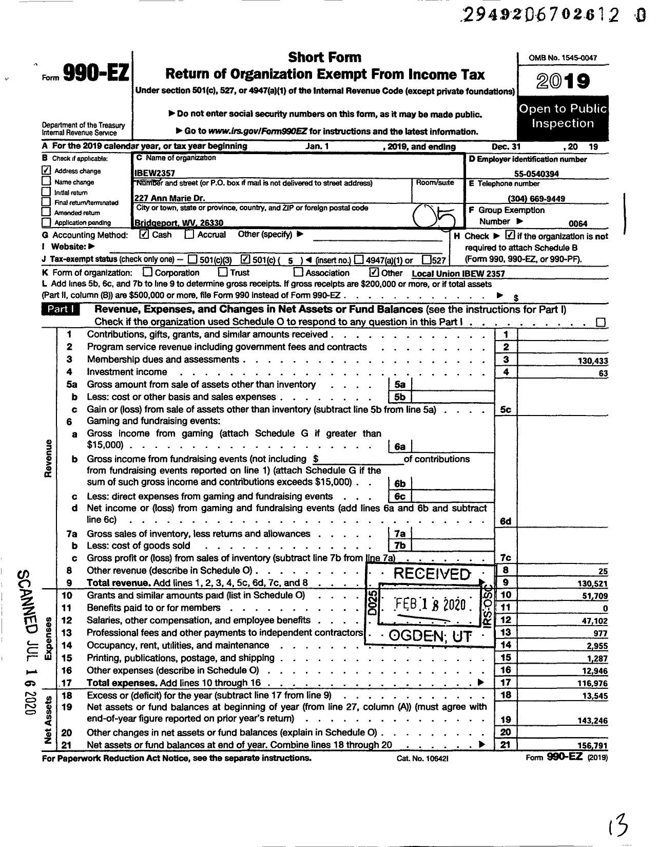 Image of first page of 2019 Form 990EO for International Brotherhood of Electrical Workers - 2357 Local Union