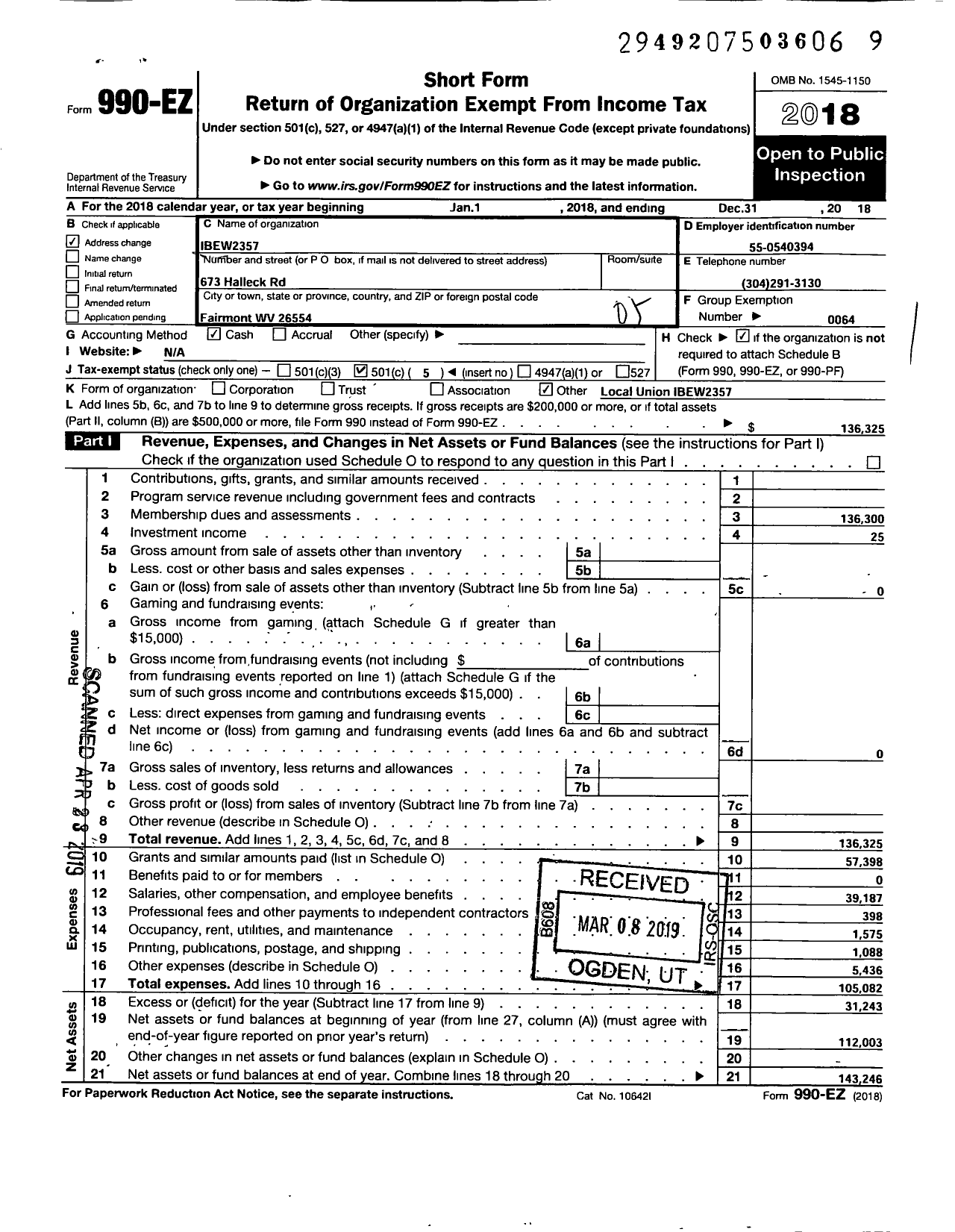 Image of first page of 2018 Form 990EO for International Brotherhood of Electrical Workers - 2357 Local Union