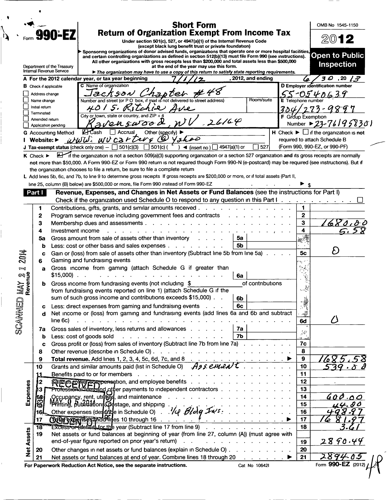 Image of first page of 2012 Form 990EO for Royal Arch Masons of West Virginia - Jackson Chapter No 48