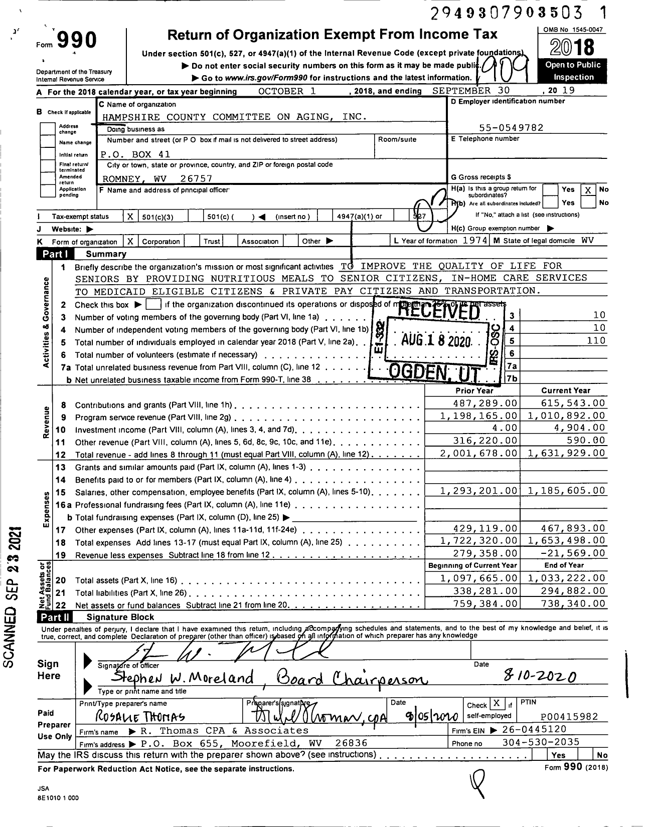 Image of first page of 2018 Form 990 for Hampshire County Committee on Aging