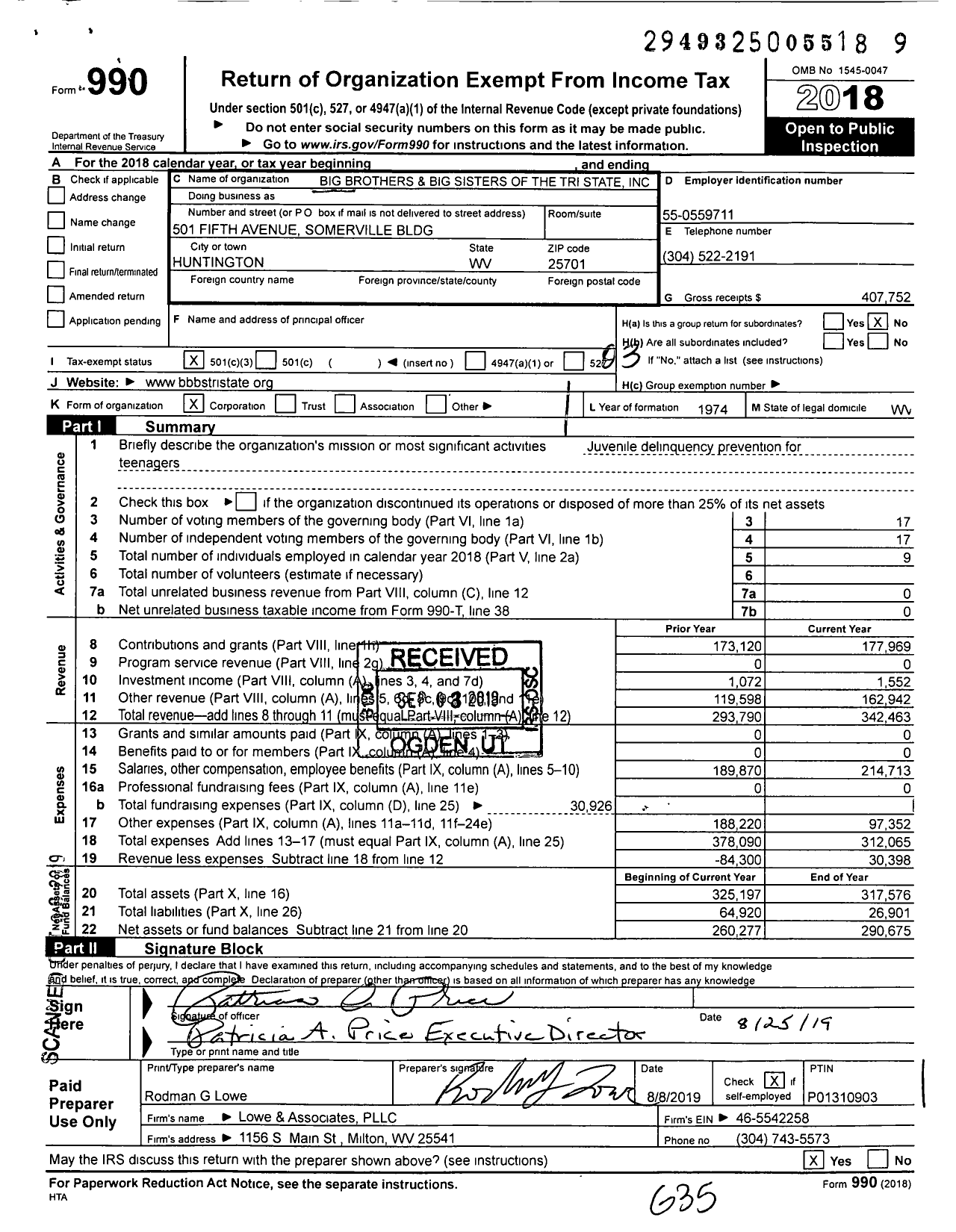 Image of first page of 2018 Form 990 for Big Brothers Big Sisters of the Tri State