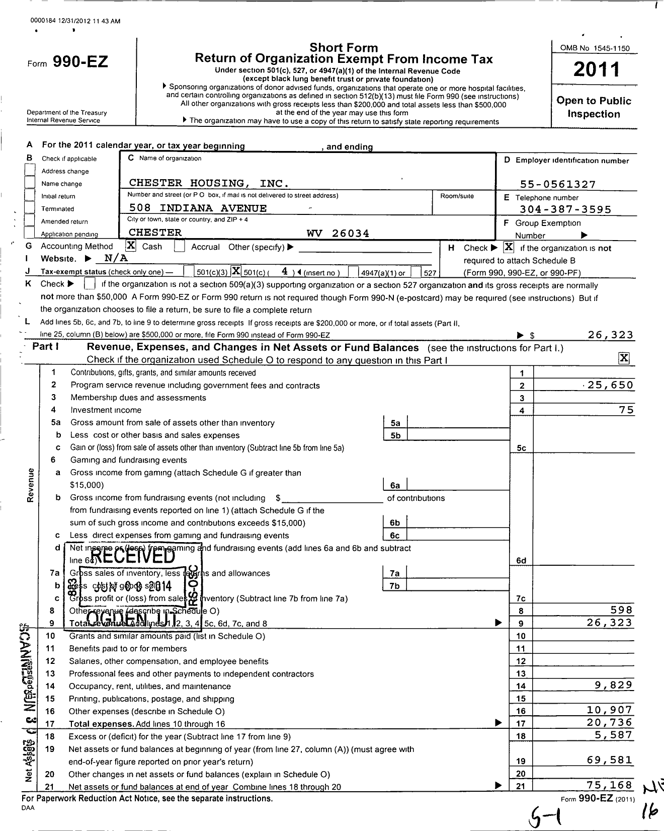 Image of first page of 2011 Form 990EO for Chester Housing