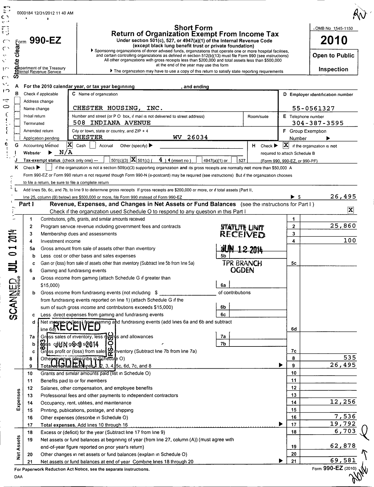 Image of first page of 2010 Form 990EO for Chester Housing