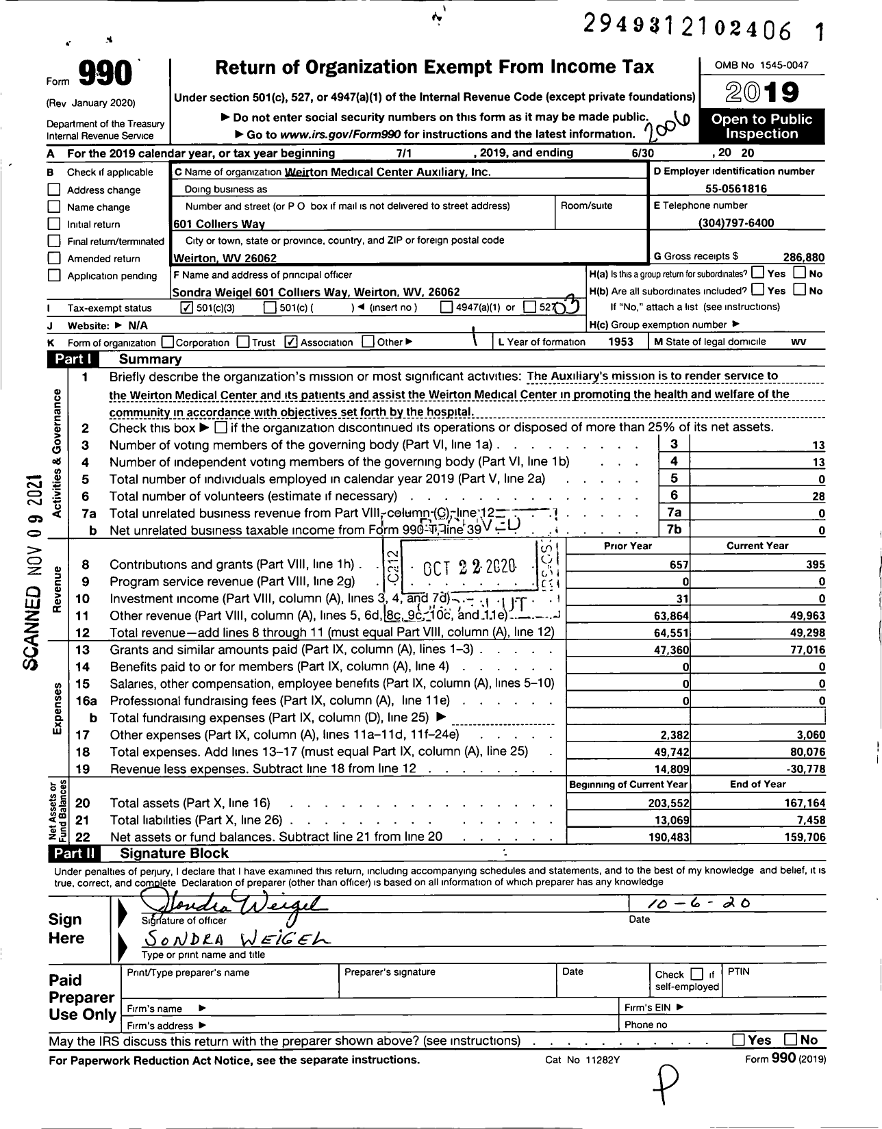 Image of first page of 2019 Form 990 for Weirton Medical Center Auxiliary