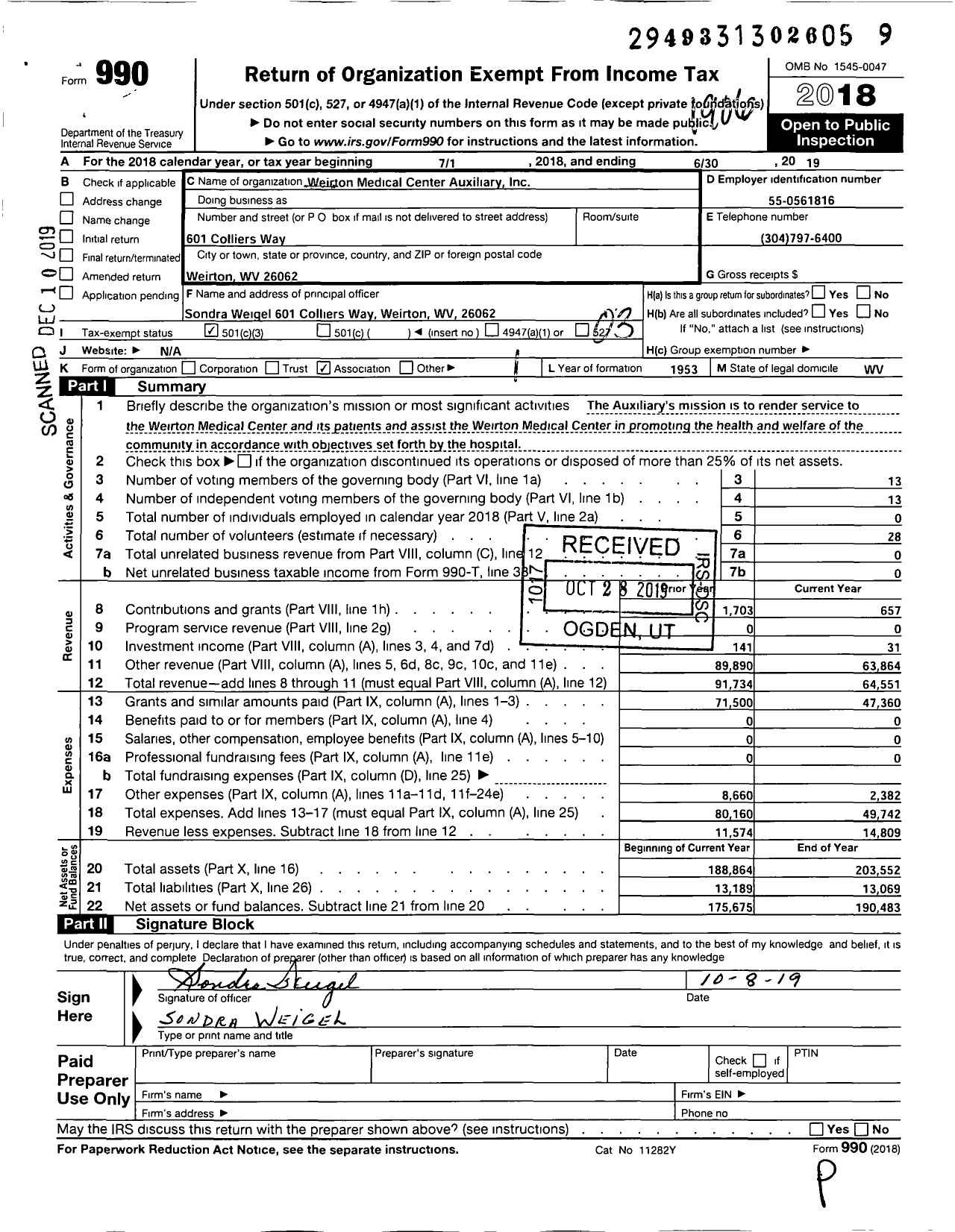 Image of first page of 2018 Form 990 for Weirton Medical Center Auxiliary