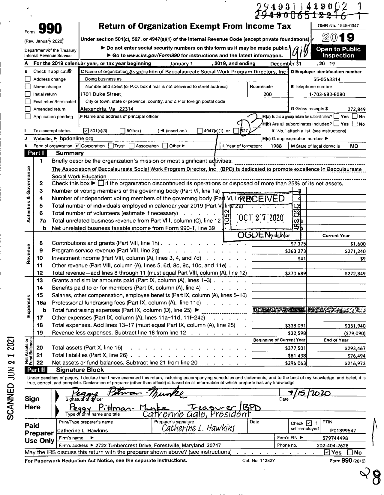 Image of first page of 2019 Form 990 for Association of Baccalaureate Social Work Educators