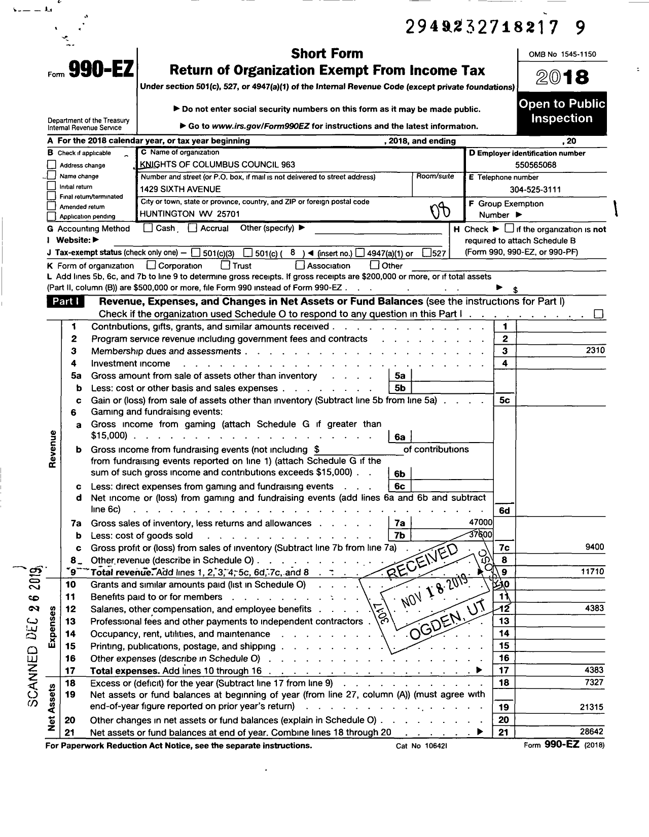 Image of first page of 2018 Form 990EO for Knights of Columbus - 963 Huntington Council