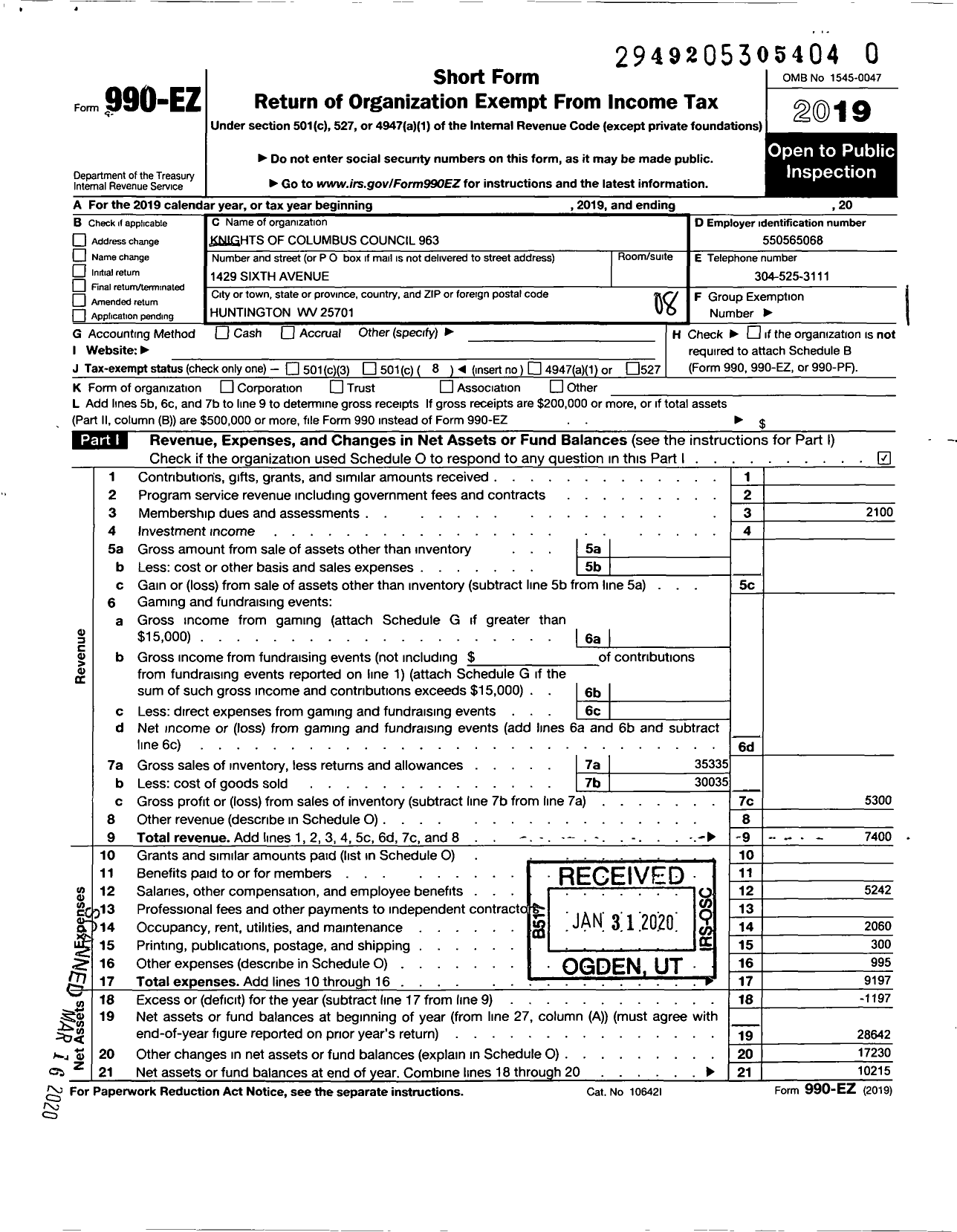 Image of first page of 2019 Form 990EO for Knights of Columbus - 963 Huntington Council