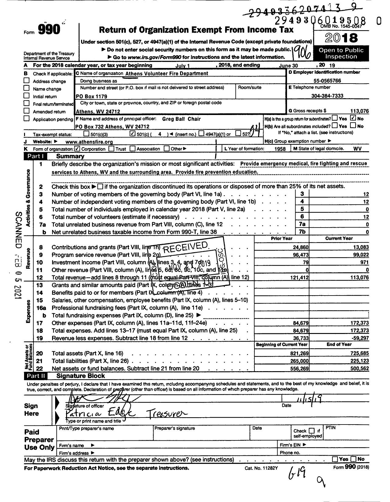 Image of first page of 2018 Form 990O for Athens Volunteer Fire Department