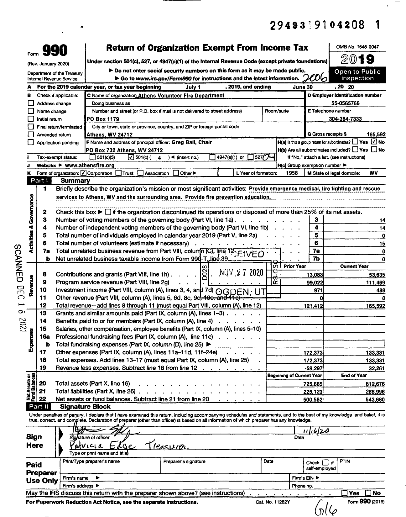 Image of first page of 2019 Form 990O for Athens Volunteer Fire Department