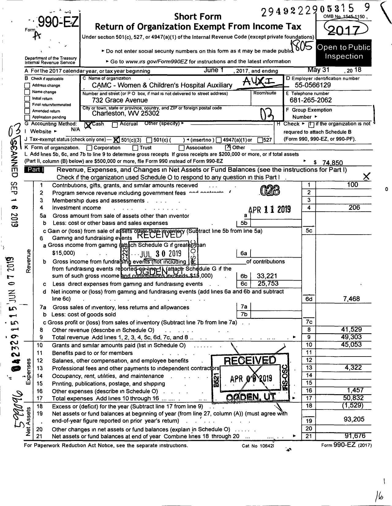 Image of first page of 2017 Form 990EZ for Auxiliary of the Charleston Area Medical Center Womens and Children Hospital