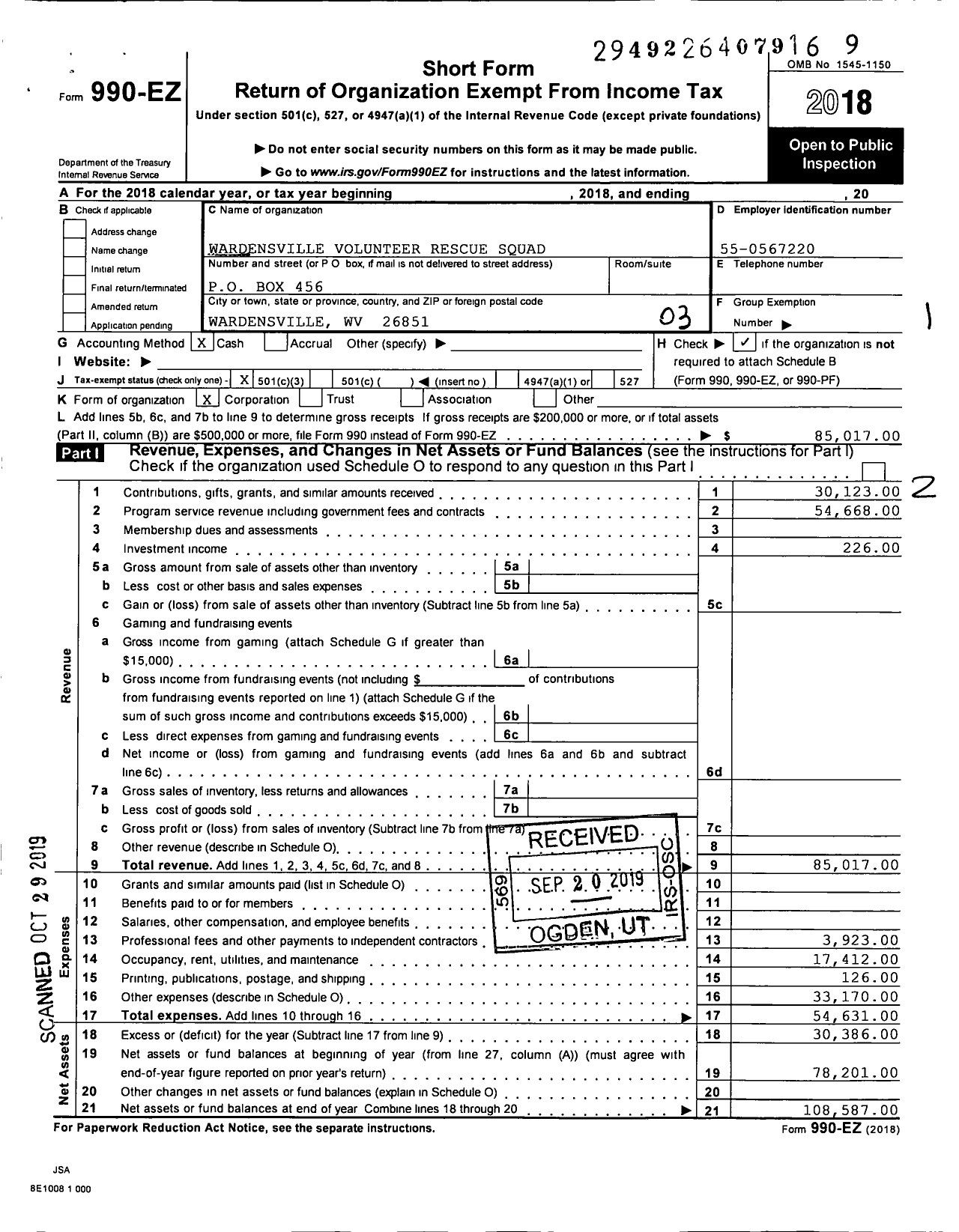 Image of first page of 2018 Form 990EZ for Wardensville Volunteer Rescue Squad