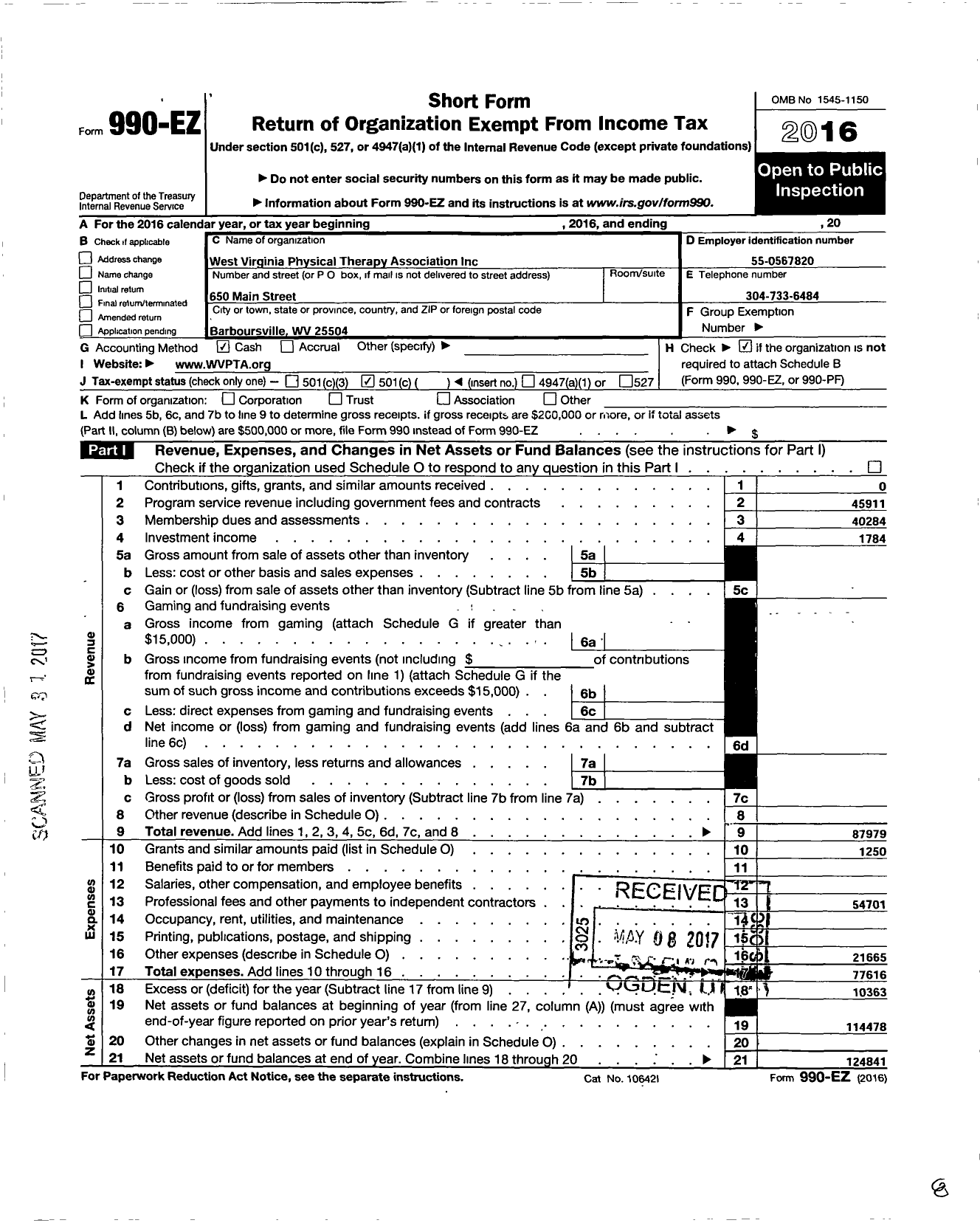 Image of first page of 2016 Form 990EO for West Virginia Physical Therapy Association