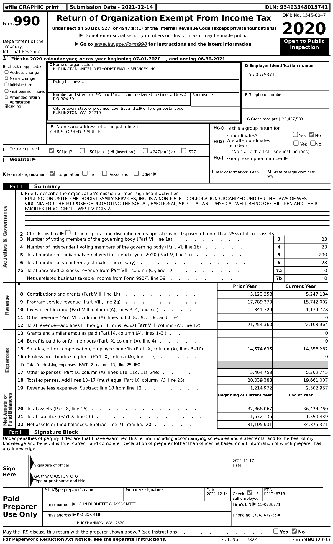 Image of first page of 2020 Form 990 for Burlington United Methodist Family Services (BUMFS)