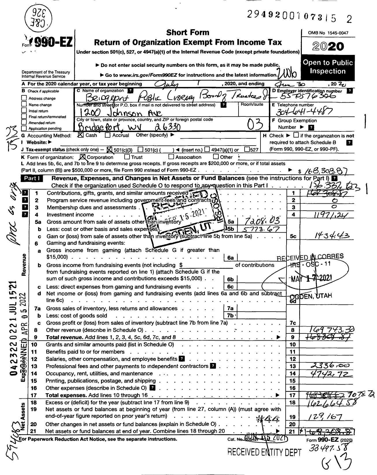 Image of first page of 2019 Form 990EZ for Bridgeport Public Library Board of Trustees