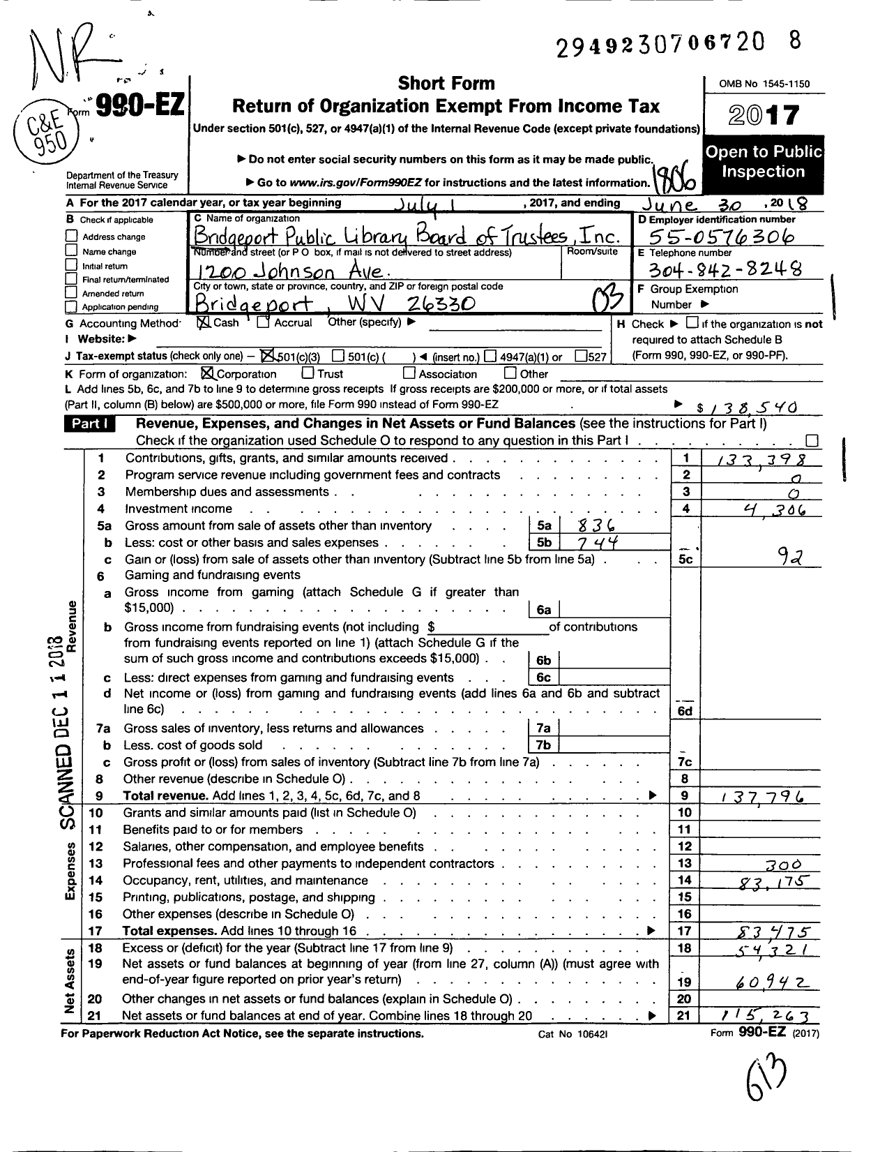 Image of first page of 2017 Form 990EZ for Bridgeport Public Library Board of Trustees