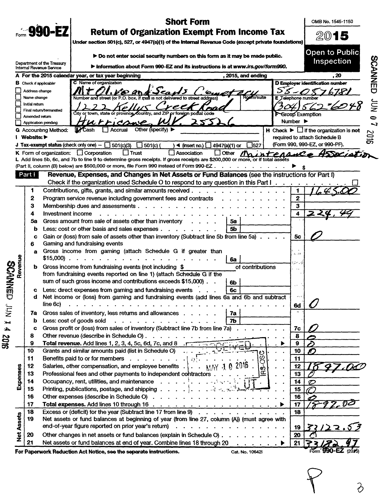 Image of first page of 2015 Form 990EO for MT Olive and Searl Cemetery Maintenance Association