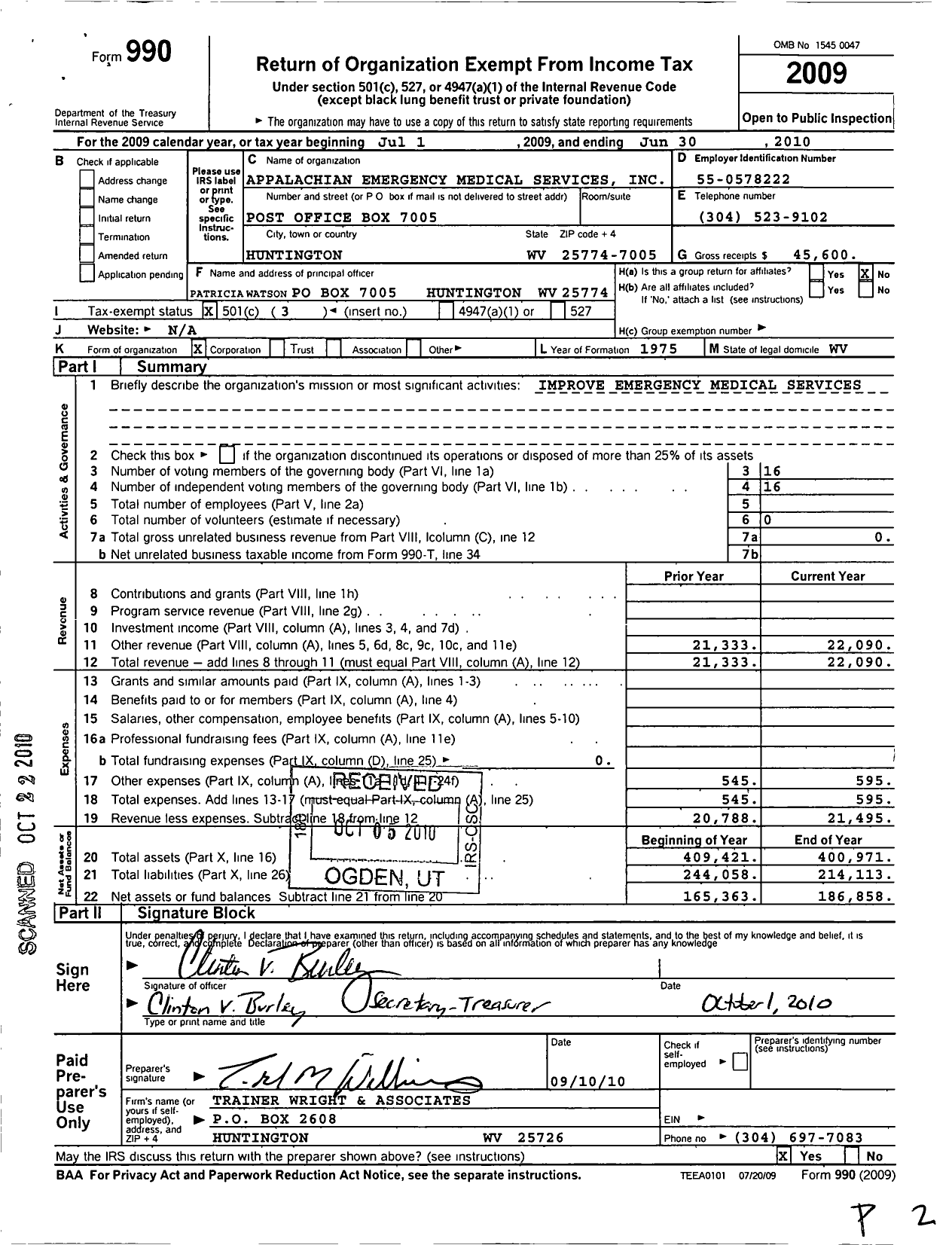 Image of first page of 2009 Form 990 for Appalachian Emergency Medical Services
