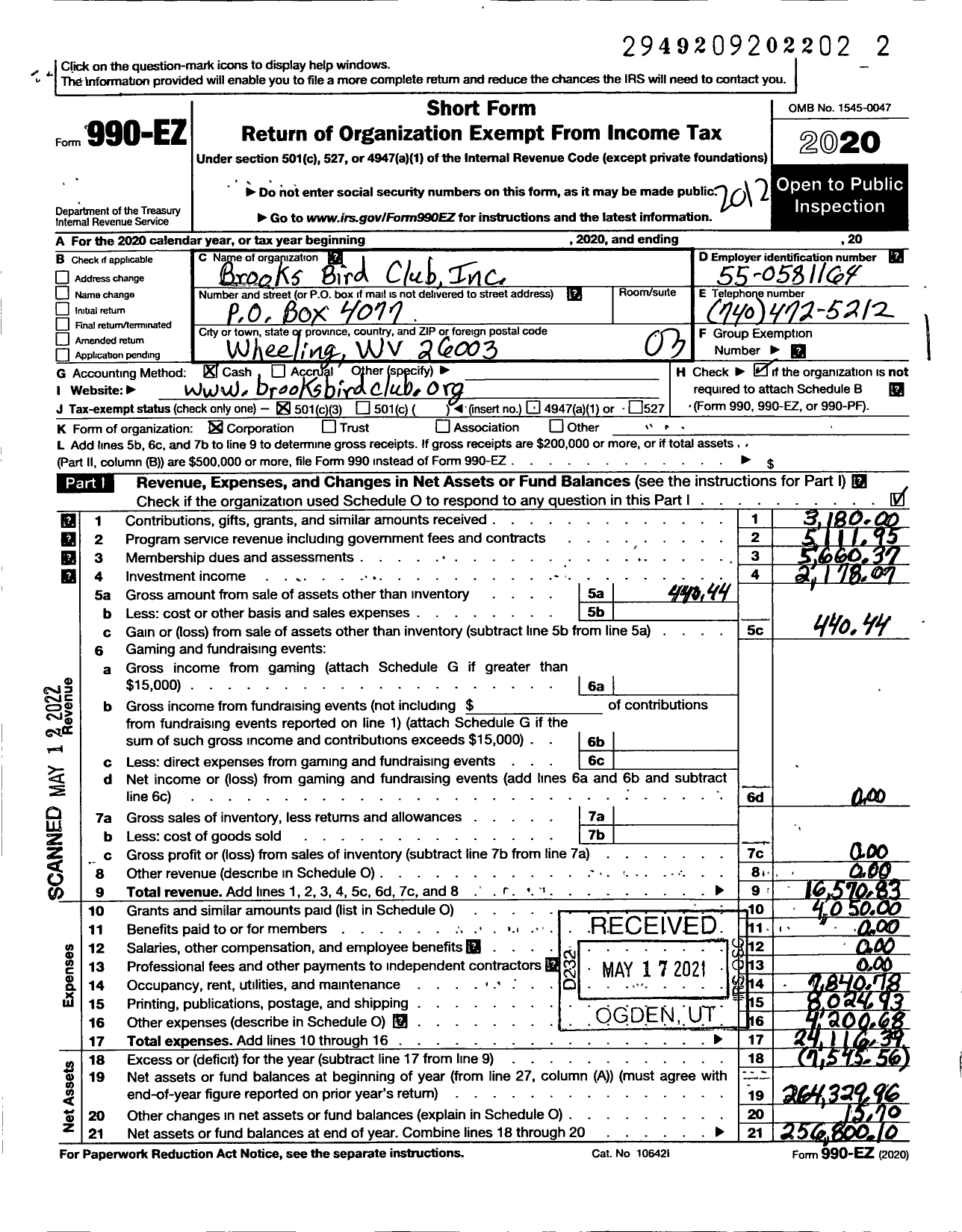 Image of first page of 2020 Form 990EZ for Brooks Bird Club