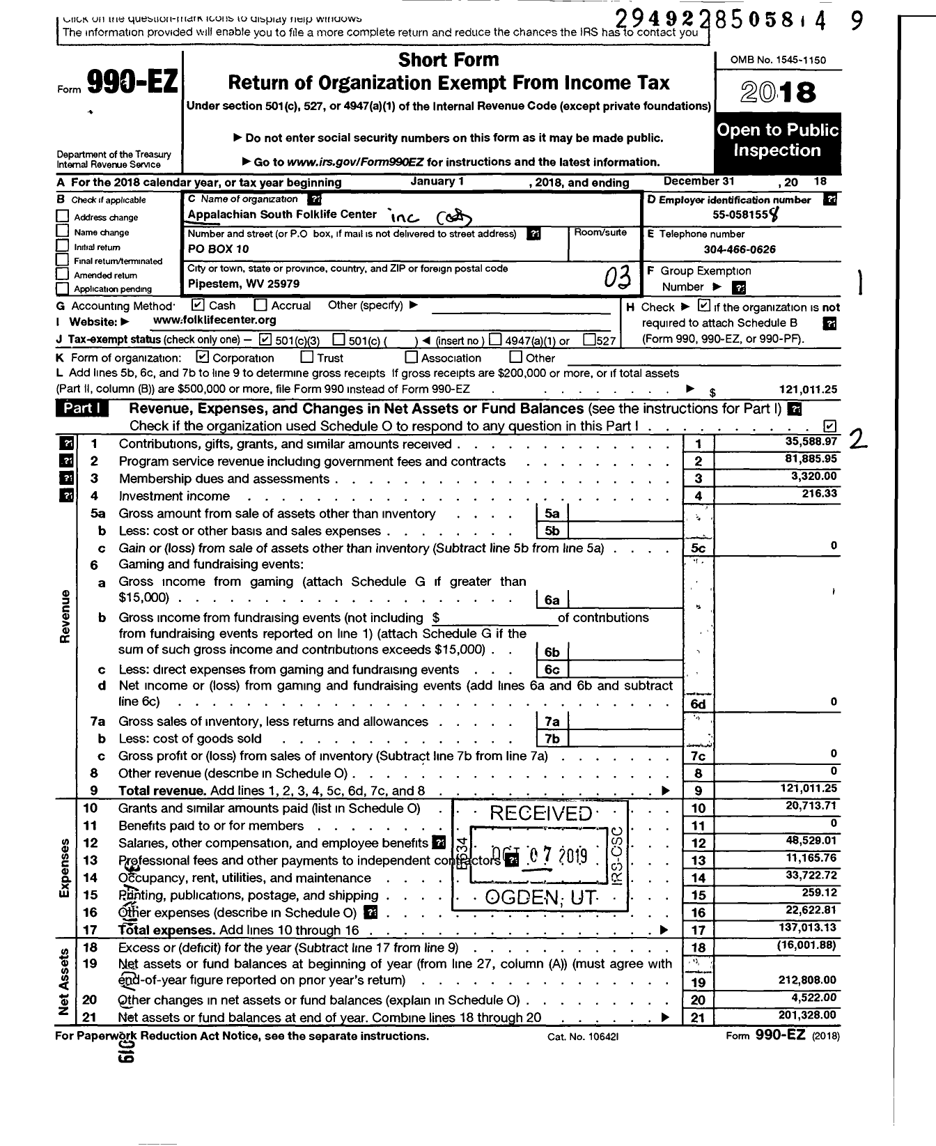 Image of first page of 2018 Form 990EZ for Appalachian South Folklife Center