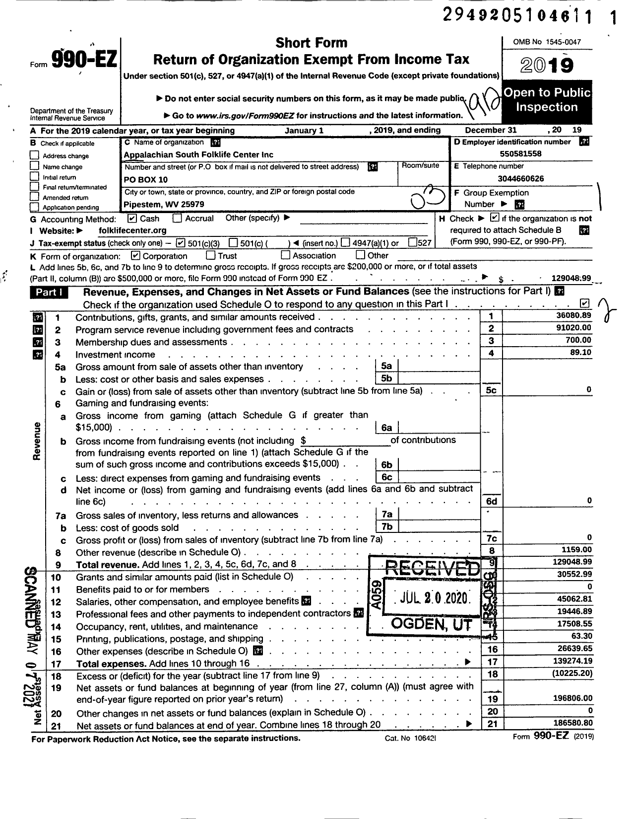 Image of first page of 2019 Form 990EZ for Appalachian South Folklife Center