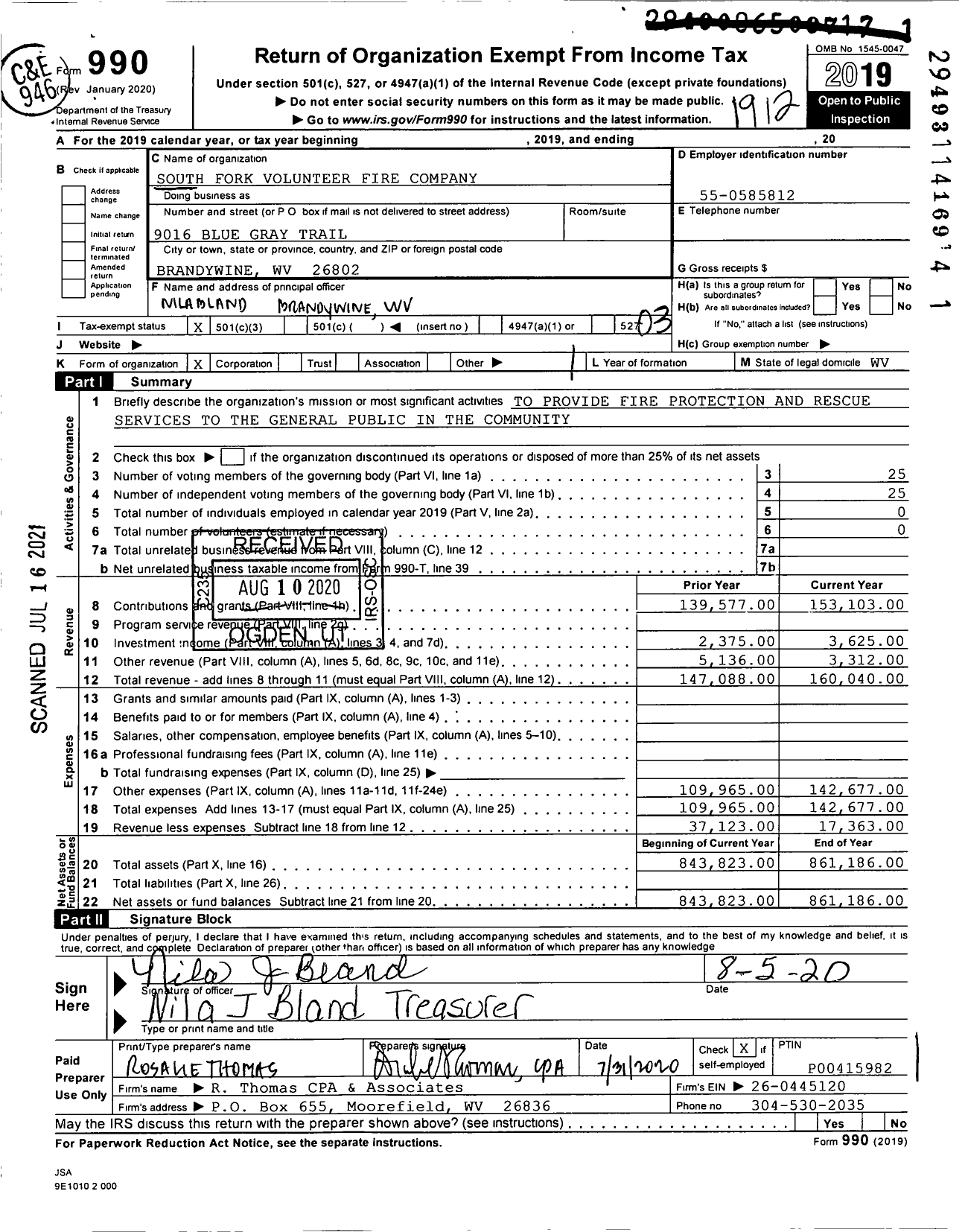 Image of first page of 2019 Form 990 for South Fork Volunteer Fire Company